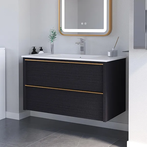 LDarqeer Floating Bathroom Vanity with Sink Wall Mounted Cabinet with 2 Soft-Close Drawers, Moisture-Resistant MDF,Large Storage for Small Space (Gray 36")