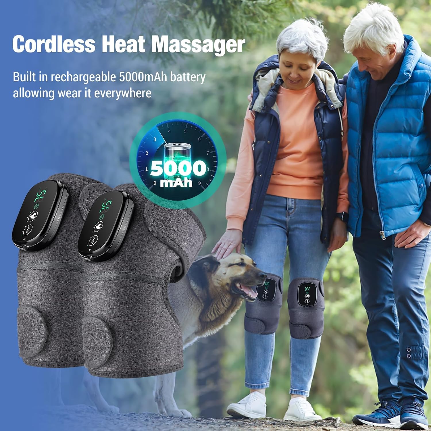 NORTHERN BROTHERS Cordless Knee Massager with Heat & Vibration for Pain Relief, 5000mAh USB‑C Rechargeable Knee heating pad, 3 Heat (131–167°F) & 3 Modes, for Knee/Elbow/Shoulder (2‑Pack)
