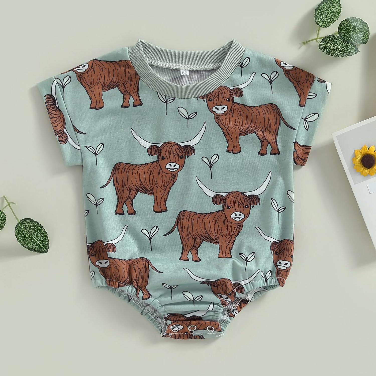 Kayotuas Western Baby Boy Girl Clothes Cow Print Bubble Romper Oversized Short Sleeve Tshirt Bodysuit Infant Summer Outfits Green Highland Cow 12-18 Months image 2 of 7 B0C2Z1C7HC