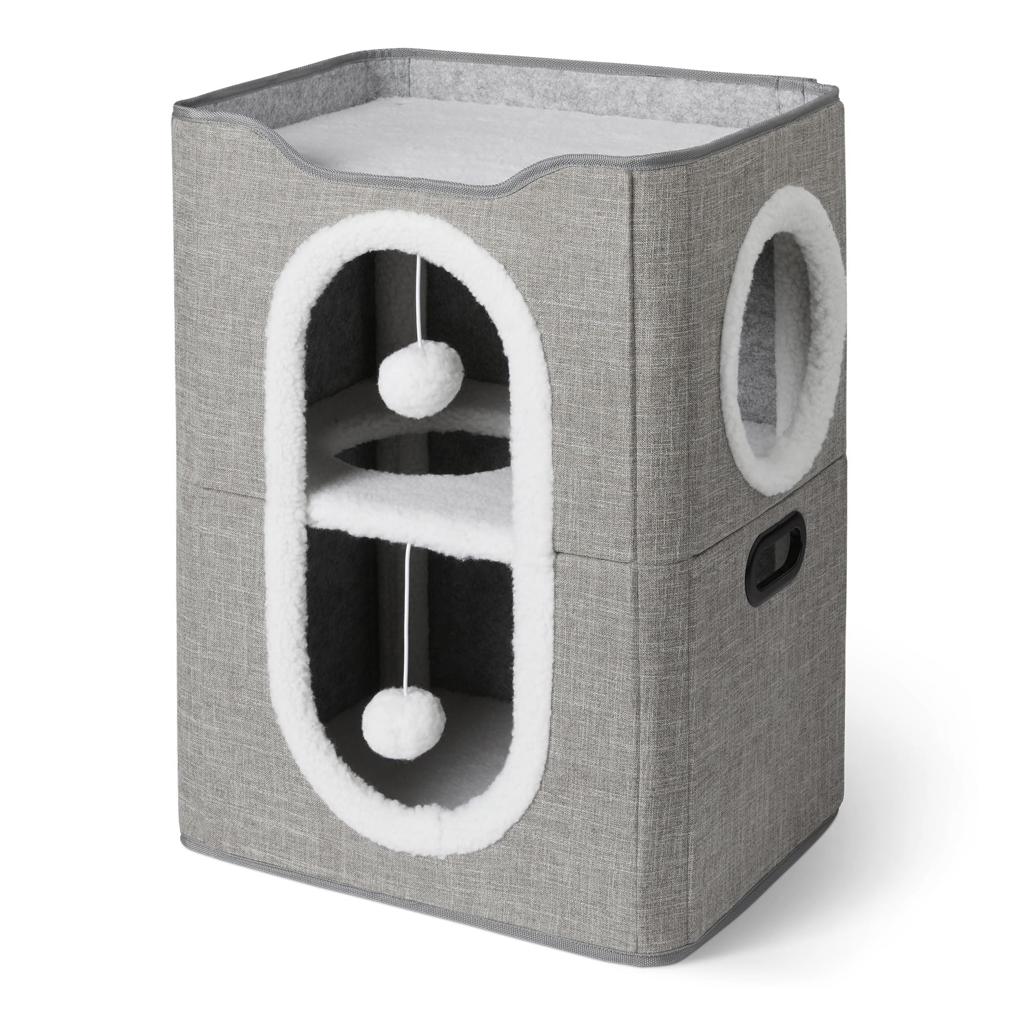 Amazon Basics Casa para Gatos de 2 Pisos para Gatos de Interior, Cueva Cubierta para Gatos con Rascador y Bola Esponjosa, Casas Plegables en Forma de Cubo para Gatos, 43,2 x 35,6 x 57,2 cm, Gris
