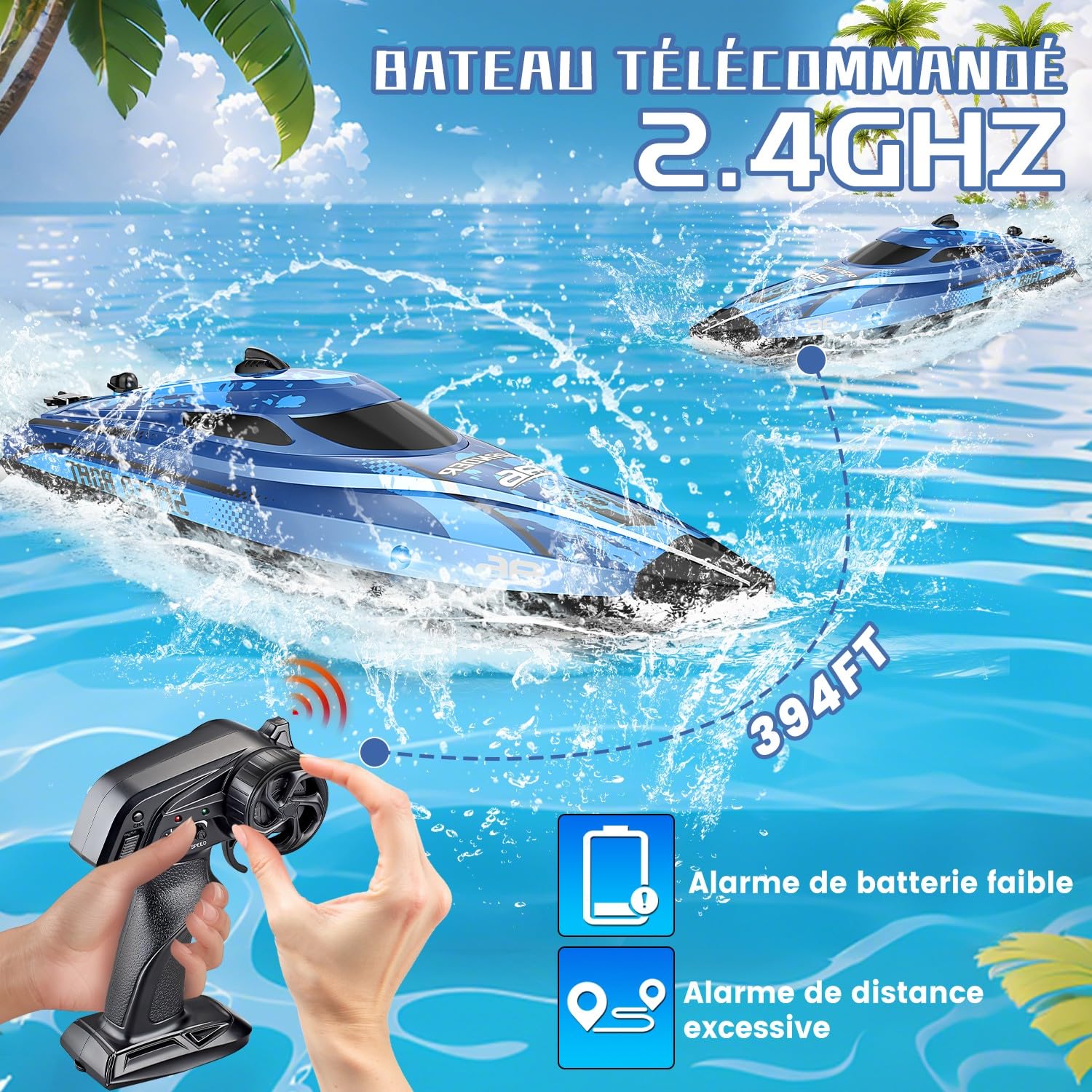 25 KM/H Bateau Télécommandé avec Lumière LED, 2,4 GHz Bateau Telecommandé Enfant, Bateaux Telecommande avec 2 Batteries pour 40 Minutes de Temps de Jeu, Cadeaux d'été pour Garçons et Filles (Bleu)