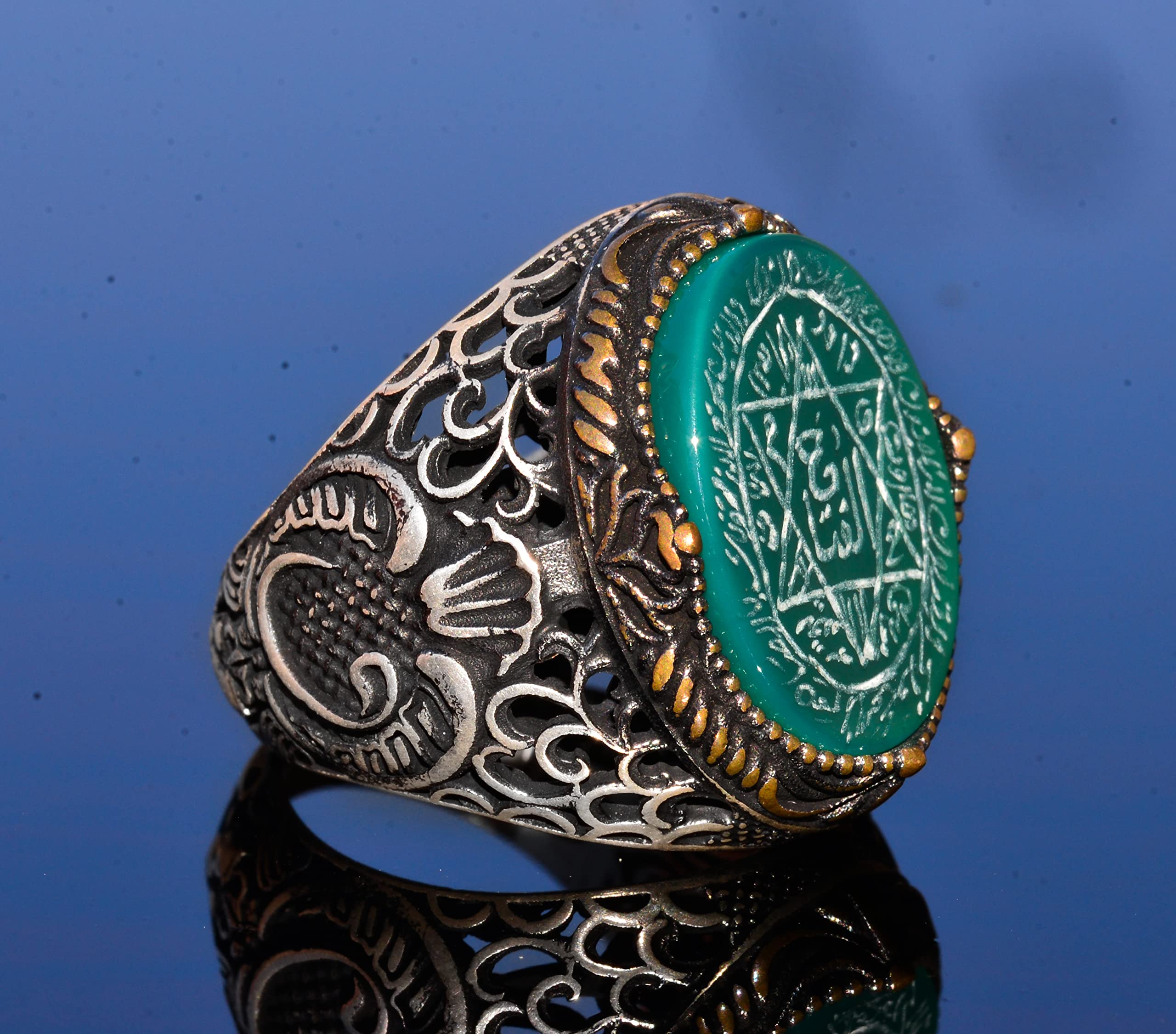 KAMBO - Anillo de sello de Salomón hecho a mano, piedra preciosa de ónix negro, anillo islámico para hombre, de plata de ley 925, Plata, ónix verde