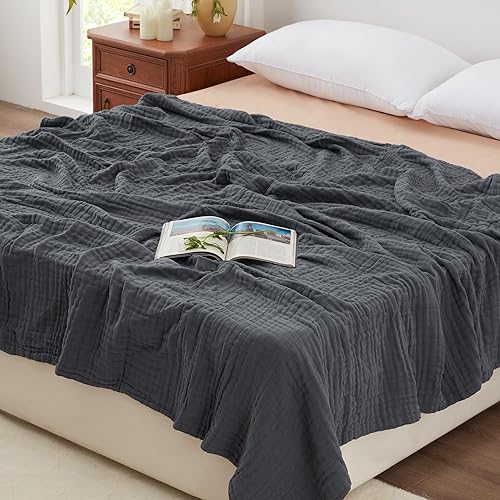 Love's cabin Manta de muselina de algodón de 6 capas, 100 x 80 pulgadas, manta de muselina tamaño King para cama, sofá, manta de muselina gris