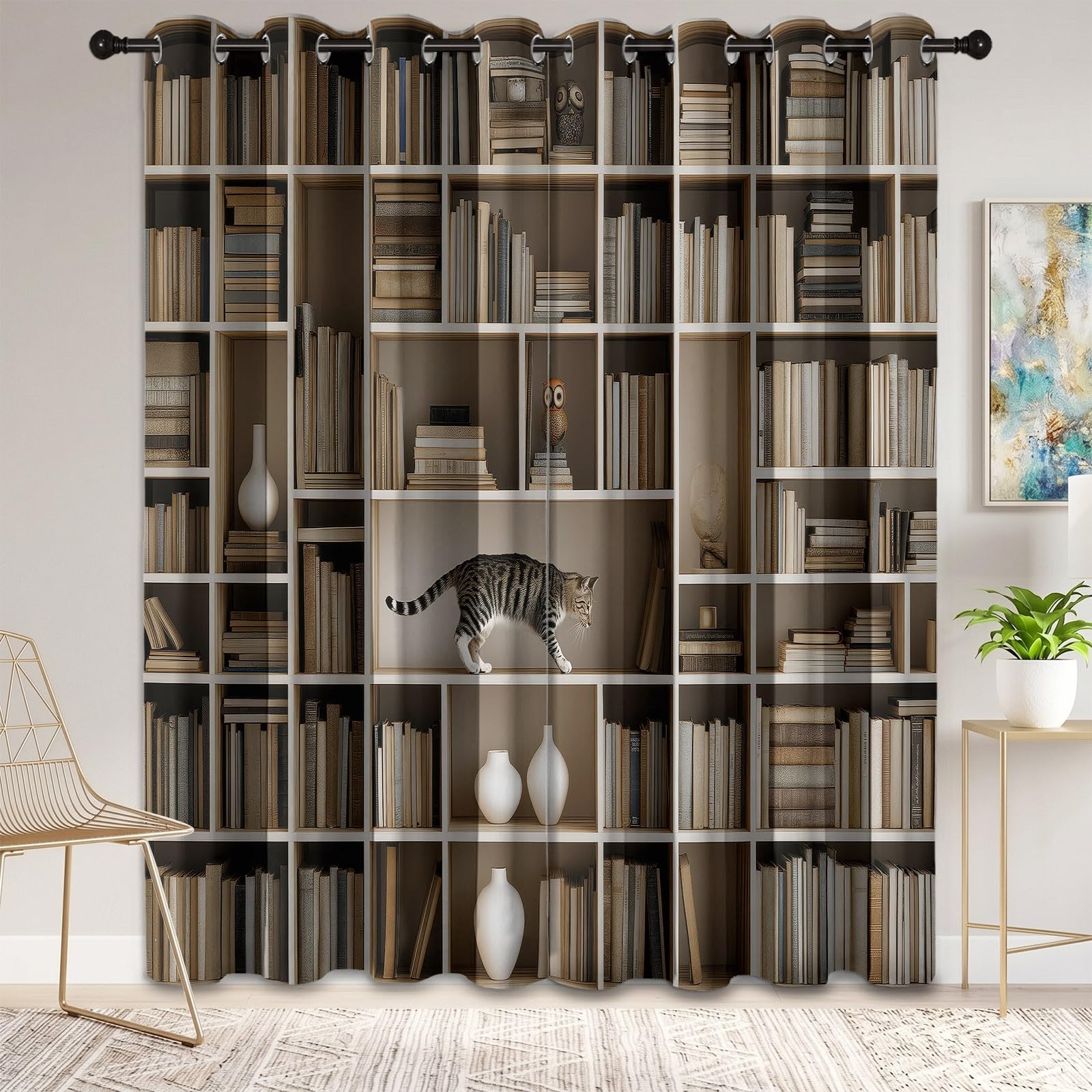 Klassisch Gardinen Schlaufenschal 2er Set - Bücherregal Katze Bücher Küchen Vorhänge, H260×B140 cm Blickdichte Gardinen, Weiß Schwarz Verdunklungsvorhänge Kinderzimmer Thermovorhang Gegen Kälte