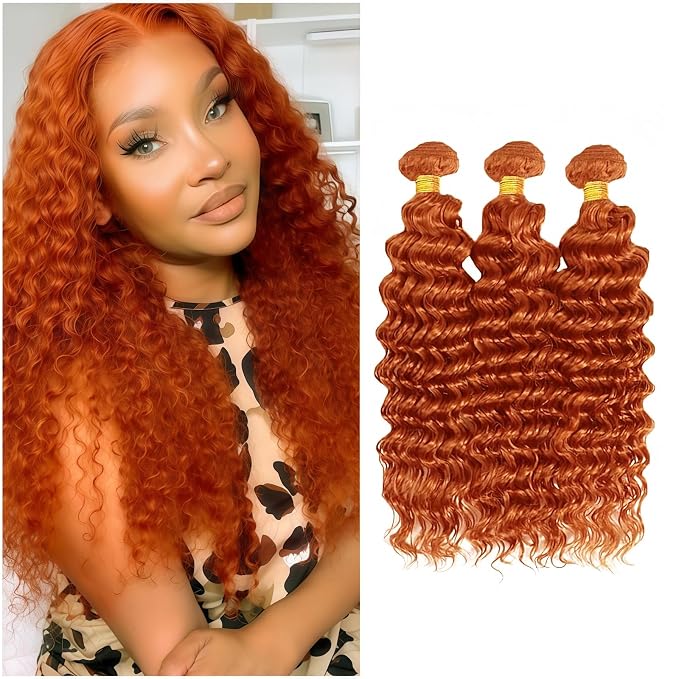 Ginger Orange Human Hair Bundles Deep Wave Bundles 8 10 12 inch Double Weft Brazilian Virgin Orange Deep Curly Human Hair Extensions Color 350