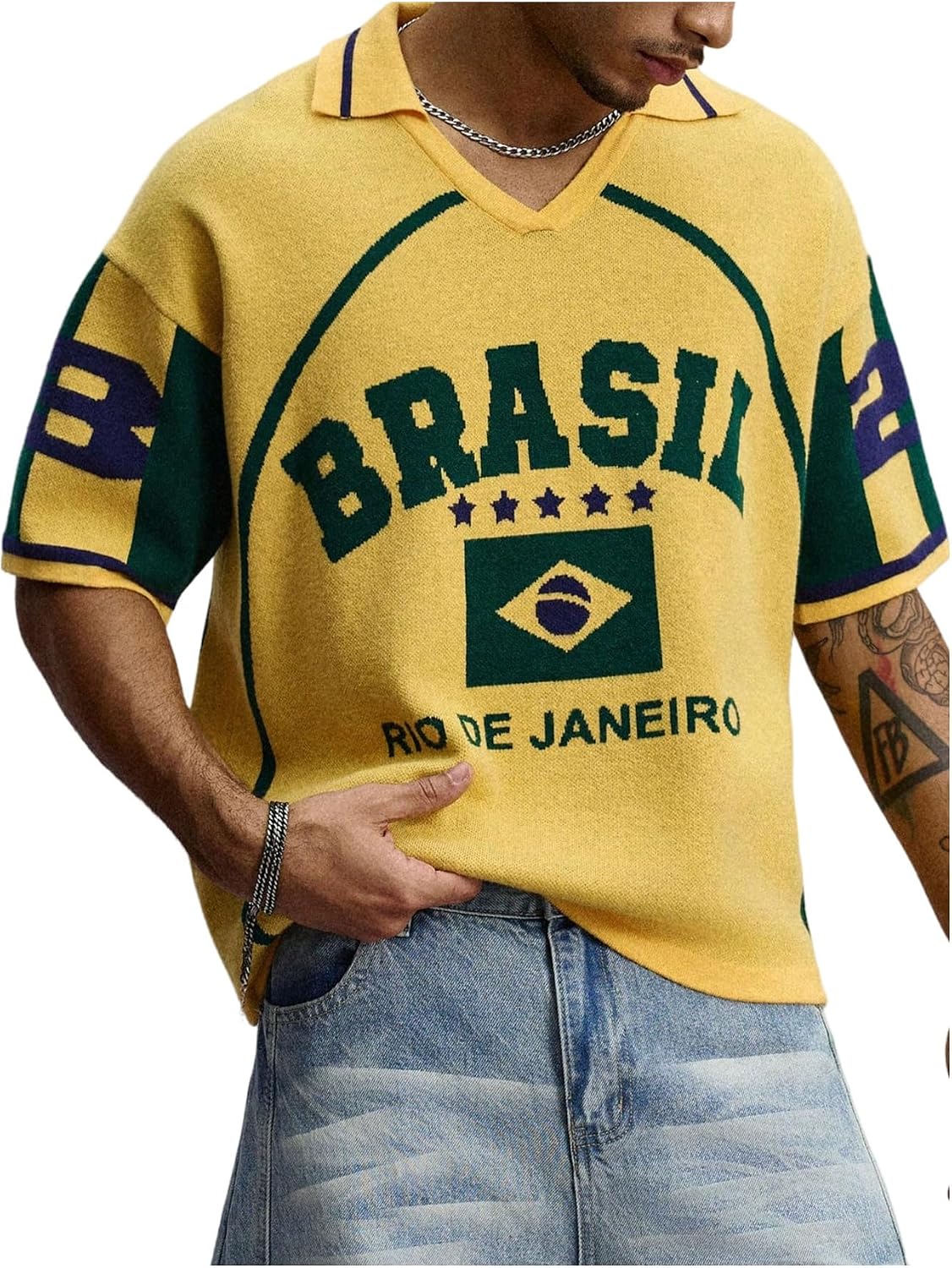 VIPWOLF Men's Brazil Knit Jerseys Cropped Short Sleeve Lapel V Neck Golf Sweater Soccer Game Jersey Shirt
