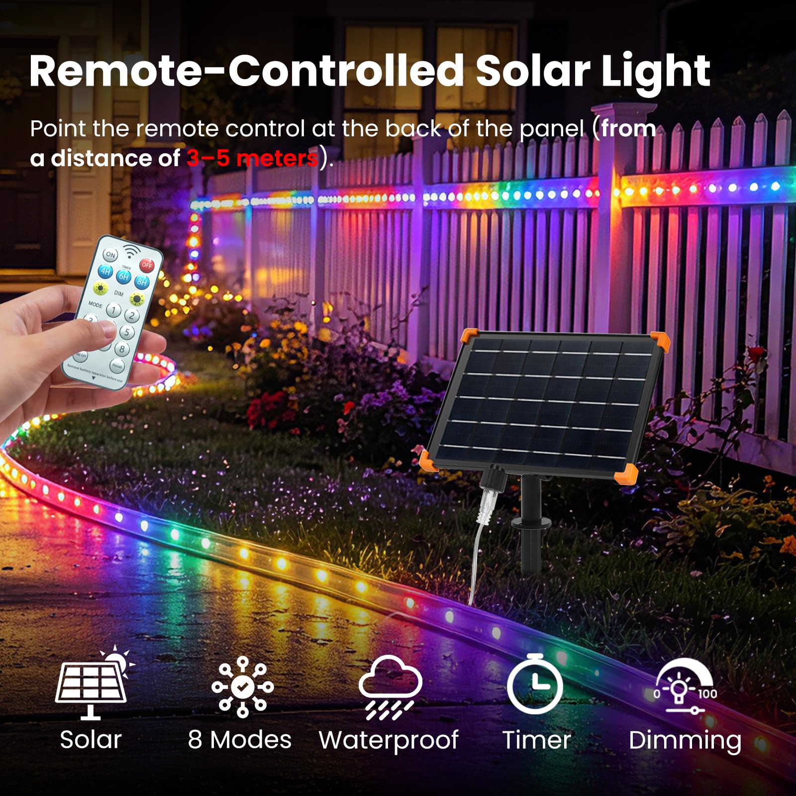 Solar LED Strip, Solarbetriebene 2835 SMD LED Streifen Außen, 8 Modi, 64Leds/m, Schneidbar, IP65 Wasserdicht Flex LED Leiste Lichtband Schlauch für Garten, Balkon, Treppe (Mehrfarbig, 20M)