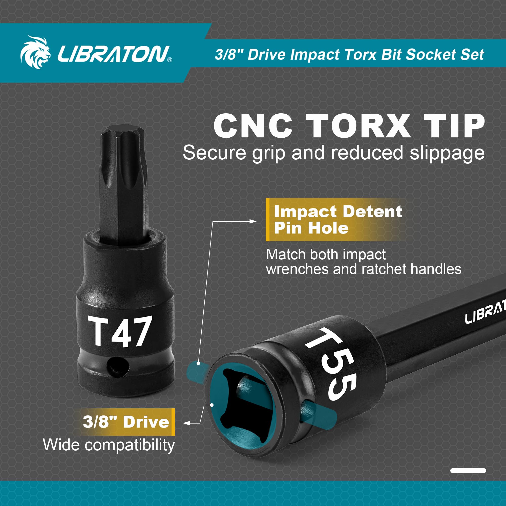 LIBRATON Chiavi a Bussola Torx da Attacco da 3/8", Bussola Torx Lunghe, Bussola a Pressione in Acciaio S2, 24 Punte per Chiavi a Bussola, Bussole Per Inserti a Impatto, T10-T60, Lunghezza 48mm e 150mm