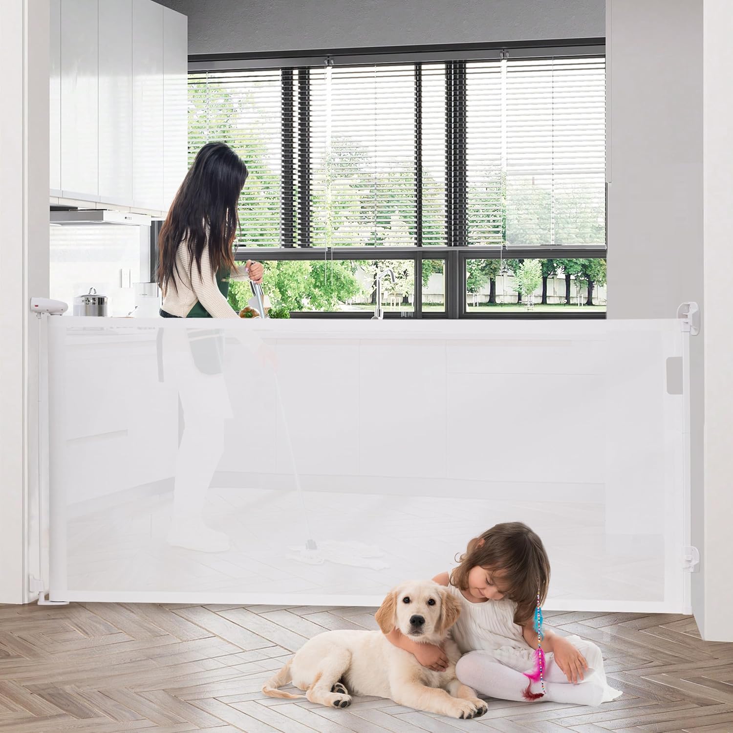 HBlife Retractable Baby Gate, Extra Wide Mesh Baby & Dog Gates, 34" Tall, Extends up to 118" Wide, Safety Baby Gates for Doorways & Stairs, Retractable Dog Gate Pet Gate Indoor & Outdoor, White 34" Tall x 118" Wide White