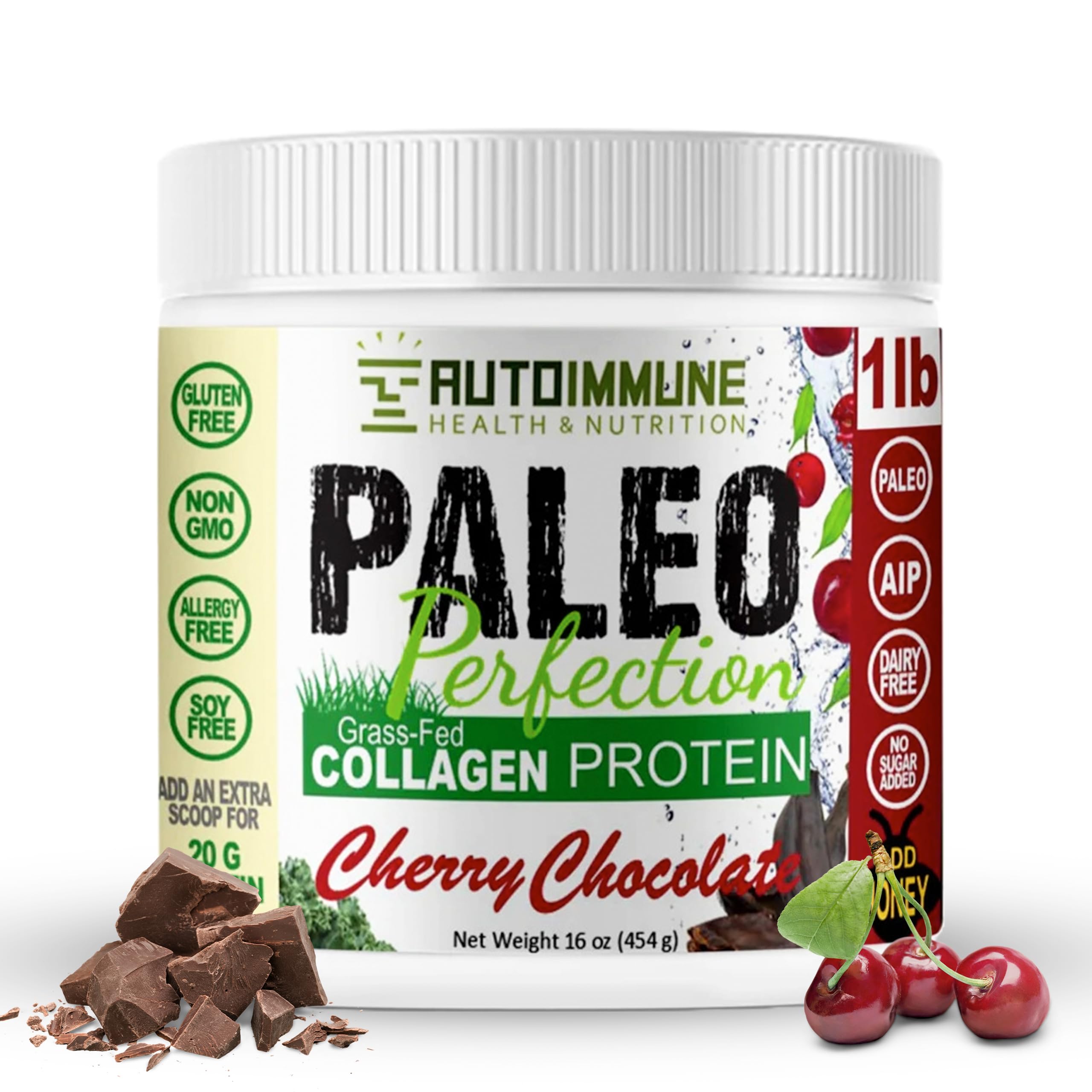 Proteína de colágeno de res alimentada con pasto Paleo Perfection, sabor cereza y chocolate, sin stevia - Paleo, cetogénica, SCD, AIP con fibra de manzana, zanahoria y brócoli - 450 g de proteína en polvo y mezcla de superalimentos