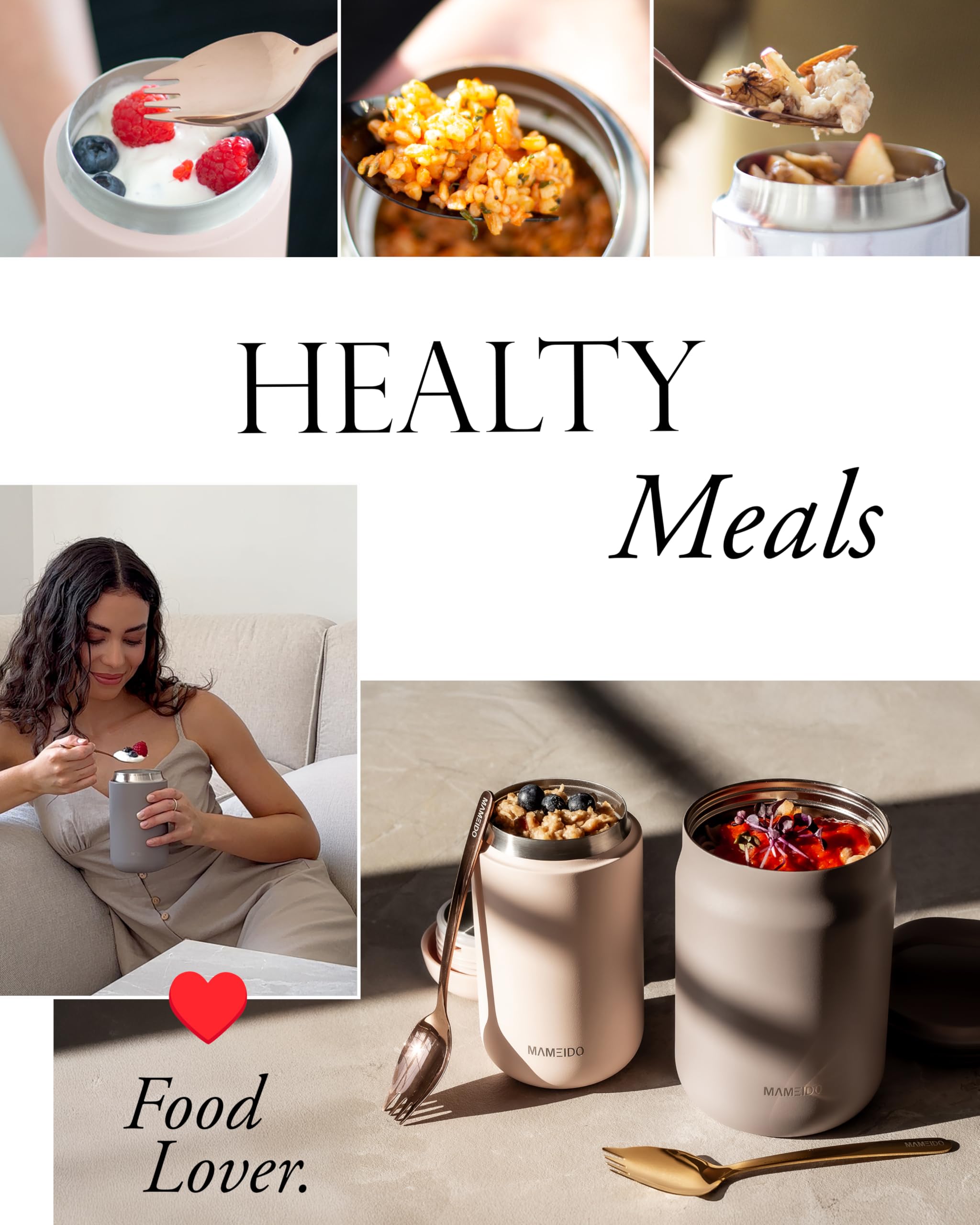MAMEIDO Boîte repas isotherme 800 ml (Oak Wood) | En acier inoxydable, étanche, sans BPA, pot à emporter idéal pour yaourt, porridge et soupes