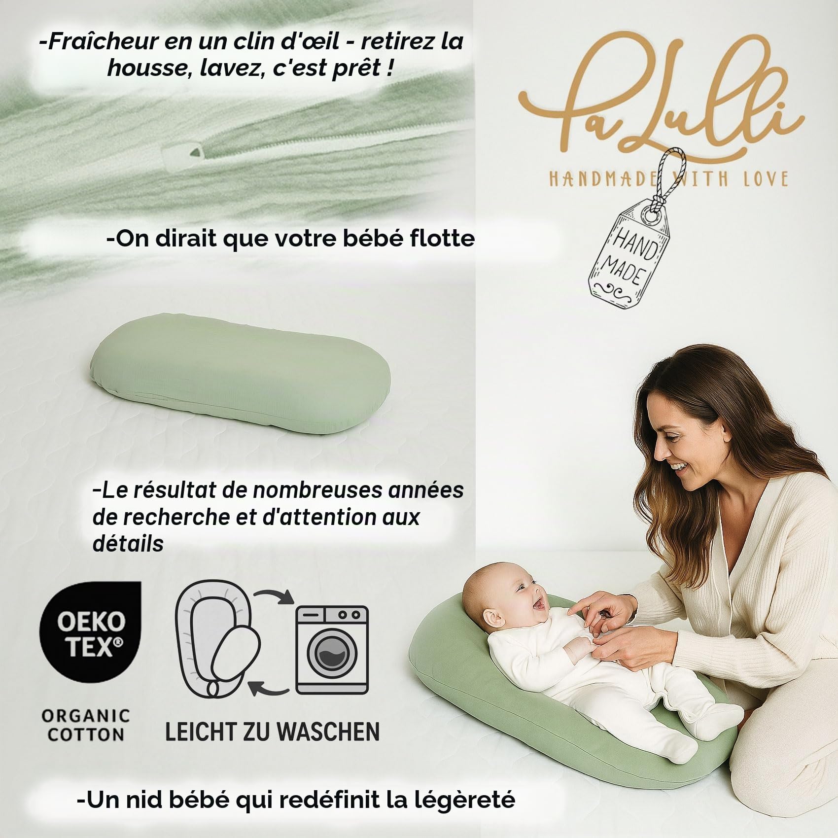 PaLulli® LuliNest - Nid pour bébé en coton bio avec housse amovible - Cocon douillet pour nouveau-né et nourrissons - Sûr, confortable et facile d'entretien