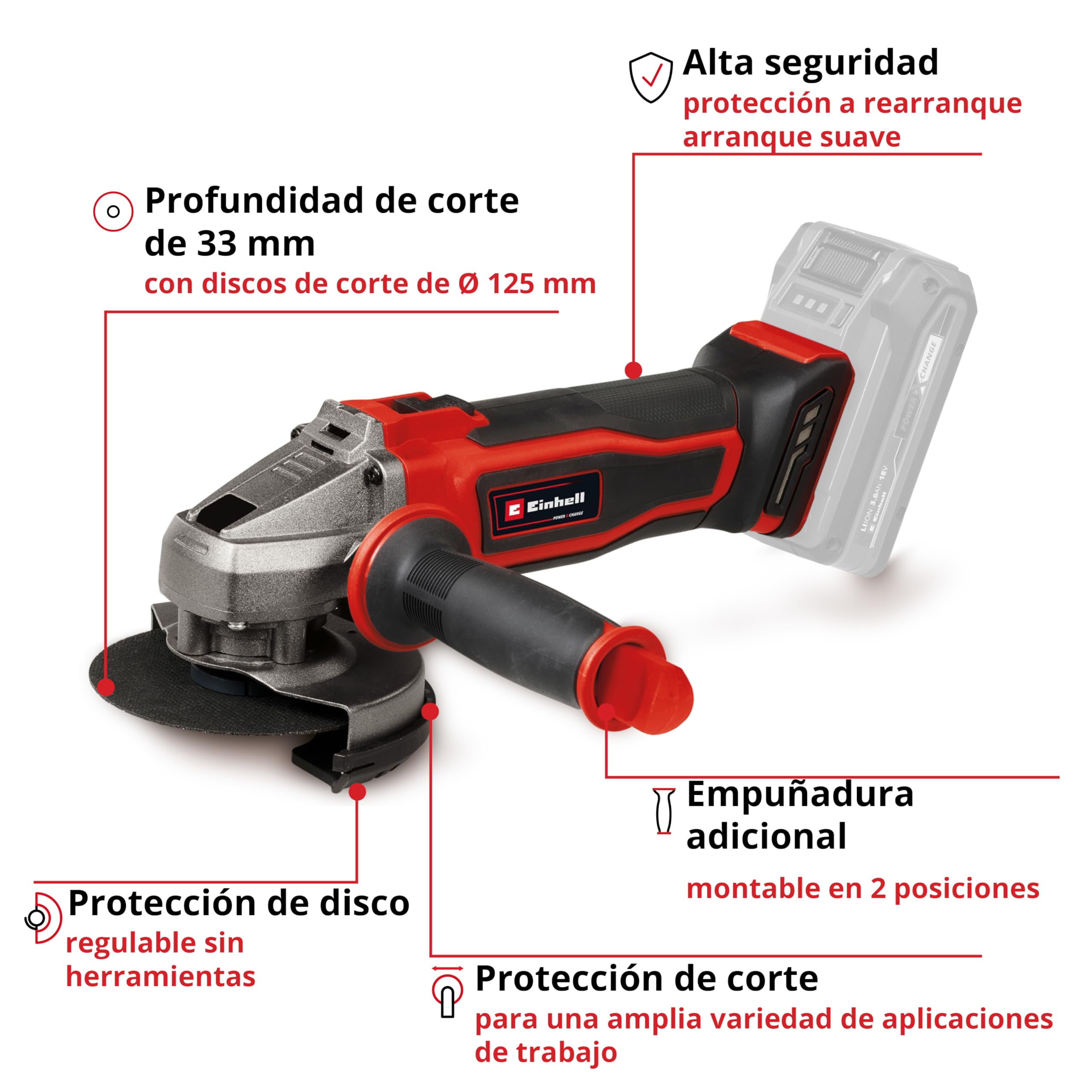 Amoladora angular con batería TE-AG 18/125-2 Li - Solo Power X-Change (18V, 125mm diámetro de disco, 33mm profundidad de corte, arranque suave, protección de corte, sin disco de corte o batería)