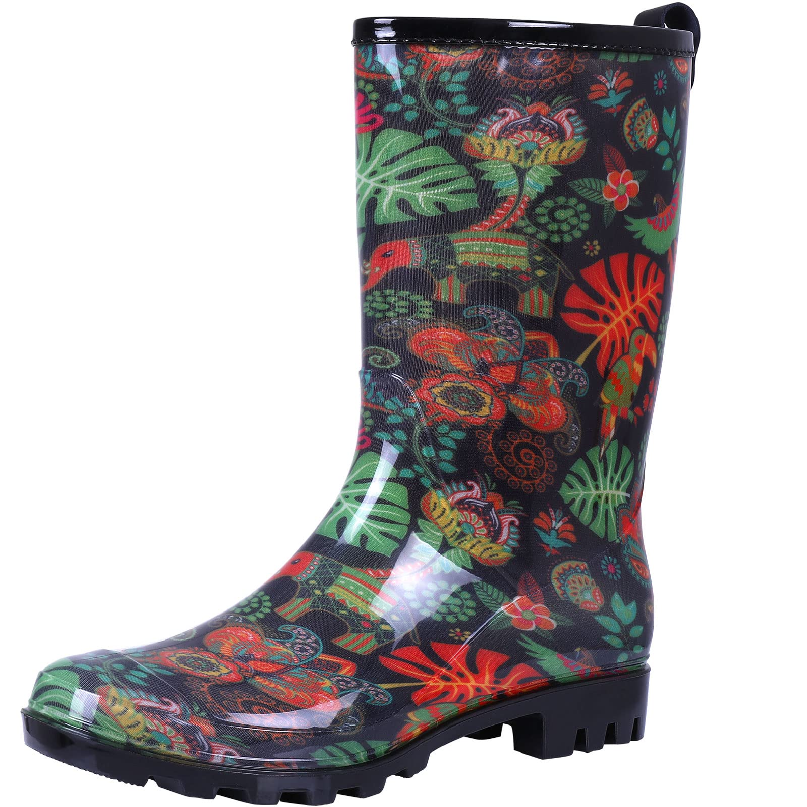 ColorxyWomen's Waterproof Garden Rain Boots - Colorful Floral Printed Mid-Calf Garden Shoe Classic Short Wellies Rainboots