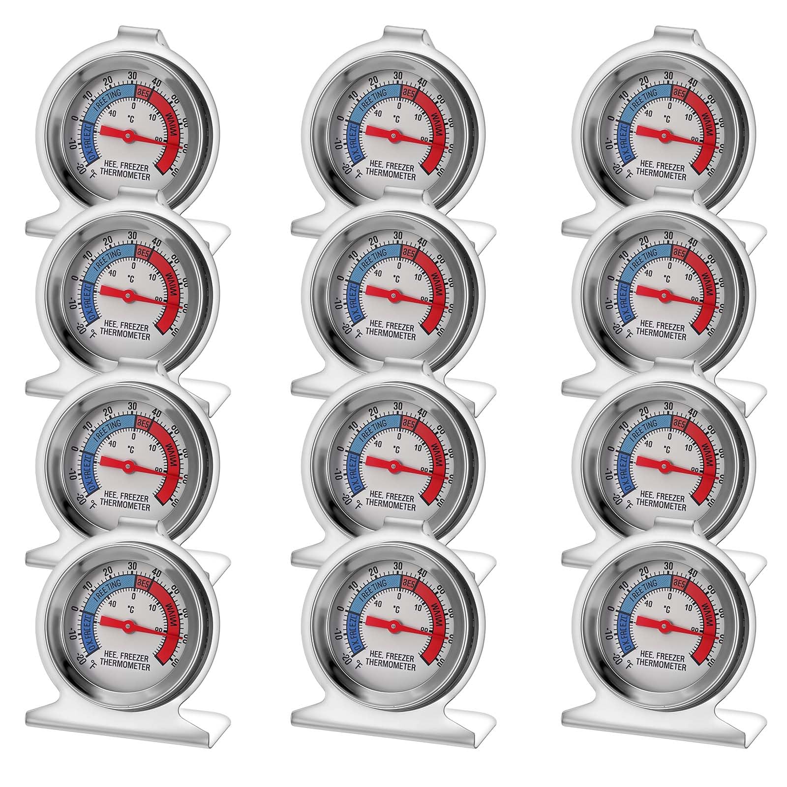Confezione da 12 termometri analogici per frigorifero e congelatore, in acciaio inox, con quadrante grande, per frigorifero, congelatore