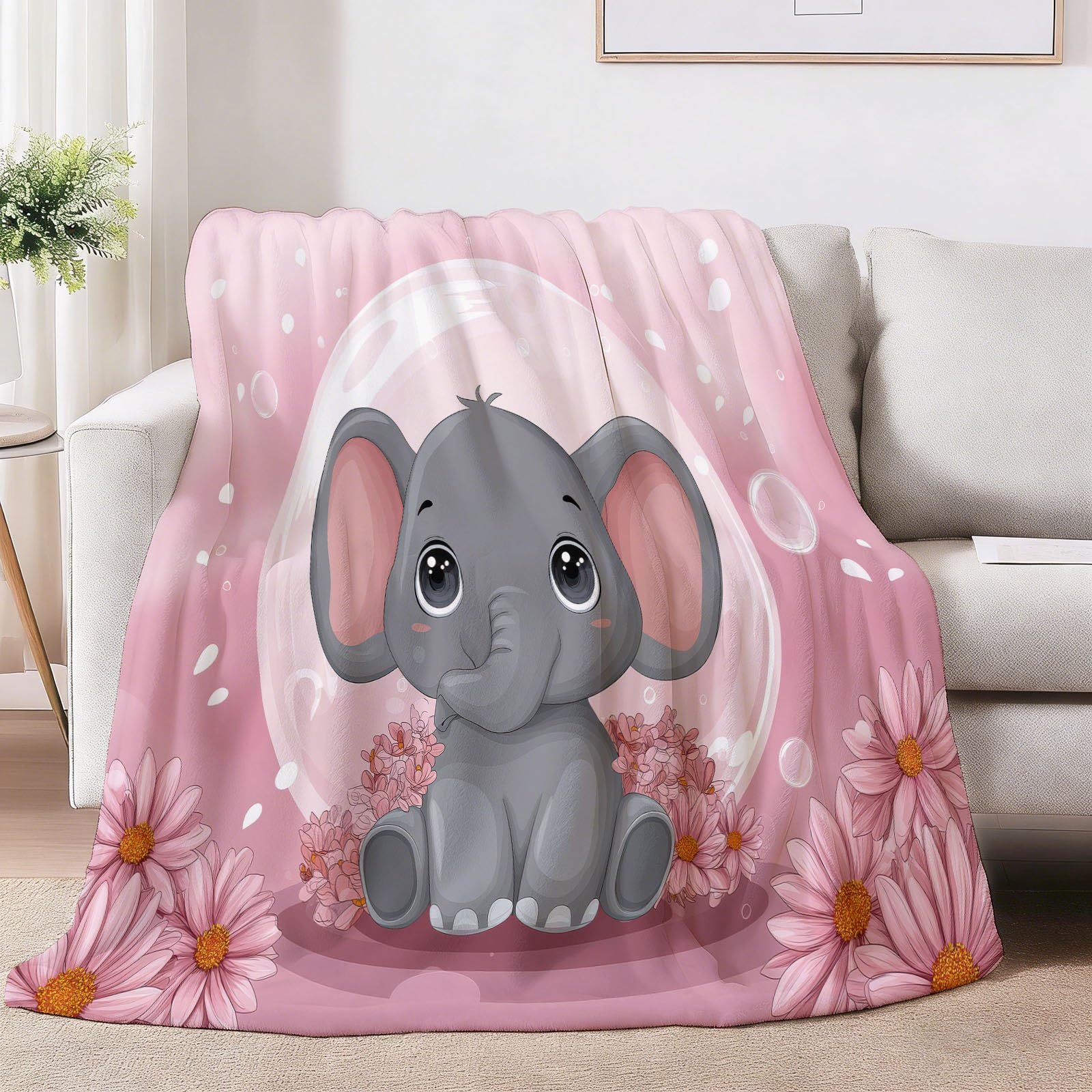 Flanelowy koc polarowy, Cartoon Champest Wygodne i ciepłe słonie stokrotki bąbelki miękkie i puszyste narzuta na sofę narzuta na sofę, sofę, łóżko, 100 x 150 cm