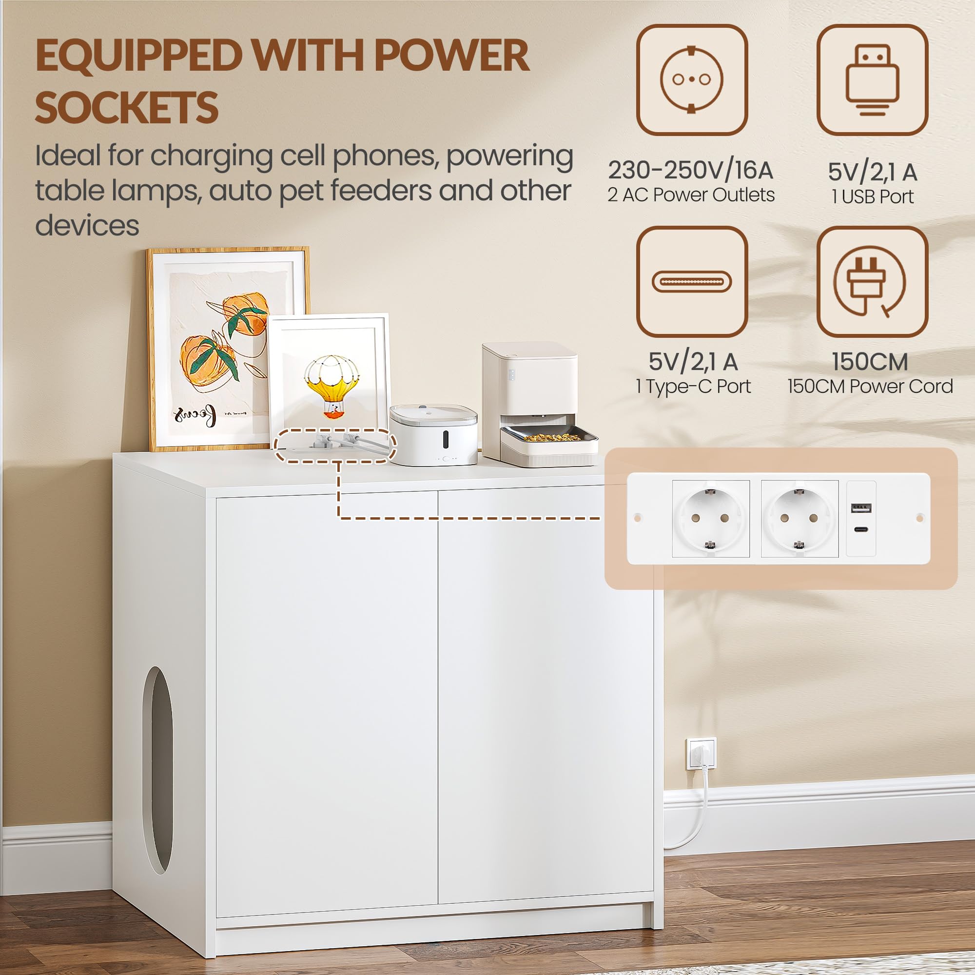 Mobile Lettiera per Gatti con Multipresa, 80 x 60 x 80cm, Bianco | Mobile per Lettiera Nascosta, Adatto per Lettiere Elettriche, Casetta per Gatti con Ingresso Laterale Regolabile FPCB202PW1EU