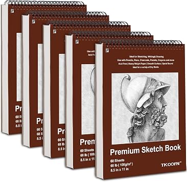 5 Pack Sketch Book, 8.5x11 Inch Top Spiral Sketchbook 60 Sheets Each68lb/100gsm, Acid-Free Drawing Paper Pad Sketch Pads for Drawing for Adults Kids