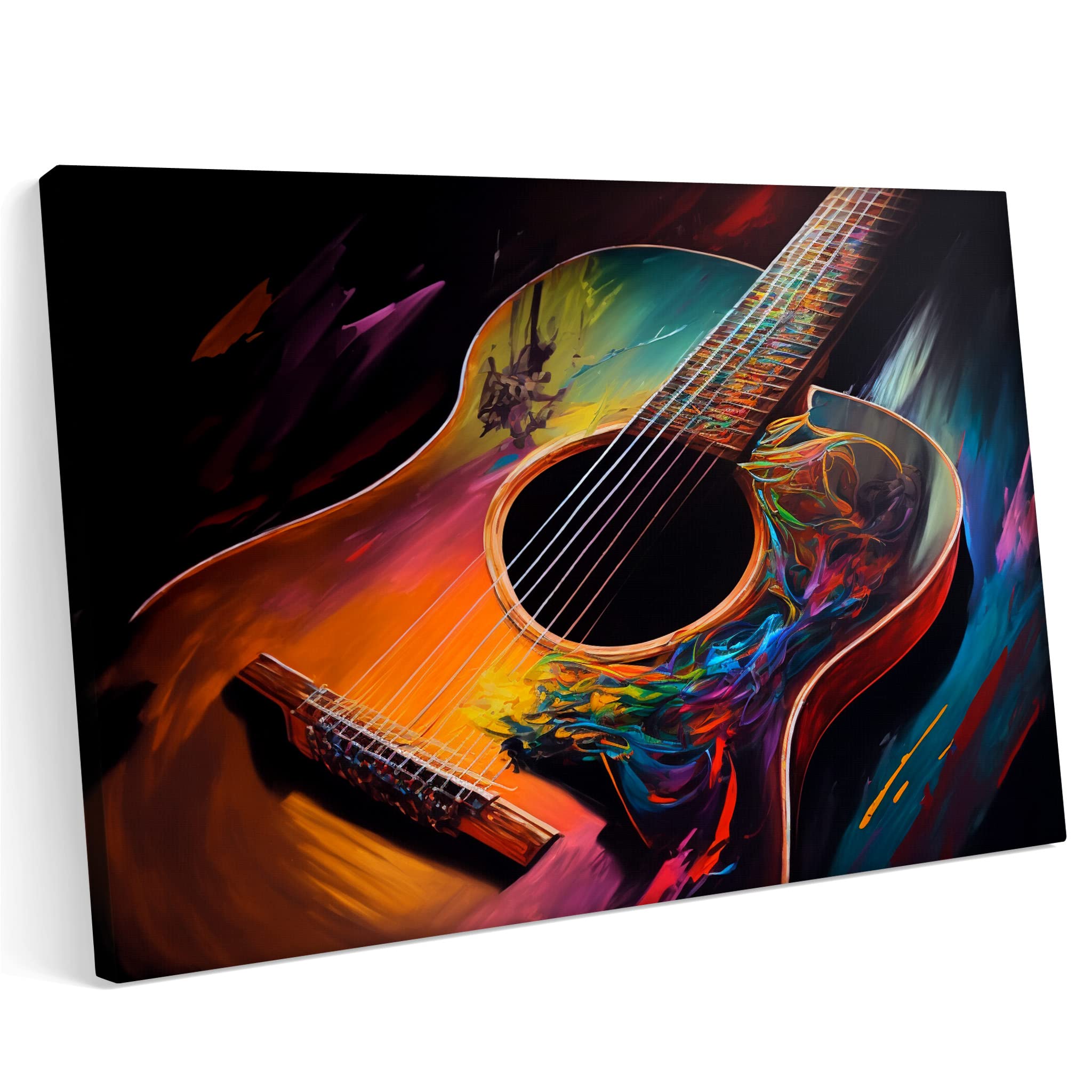 PRINTONIA Quadro su tela 120 x 80 cm chitarra acustica classica corde musica suono concerto astratto colori arte neon graffiti