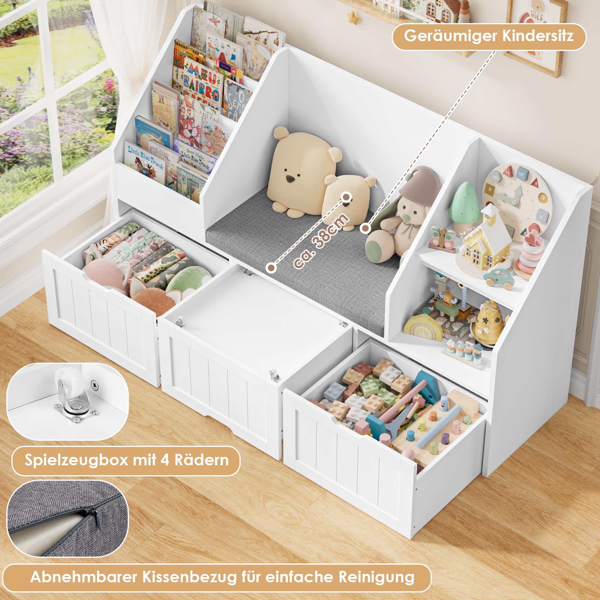 FOREHILL Kinderregal mit Sitzbank Kinderzimmer Möbel mit 3 Aufbewahrungsboxen für Spielzeug Bücherregal für Kinder mit 4 Ebenen, Regal für Kinderzimmer Leseecke 140x80x39,5 cm Weiß