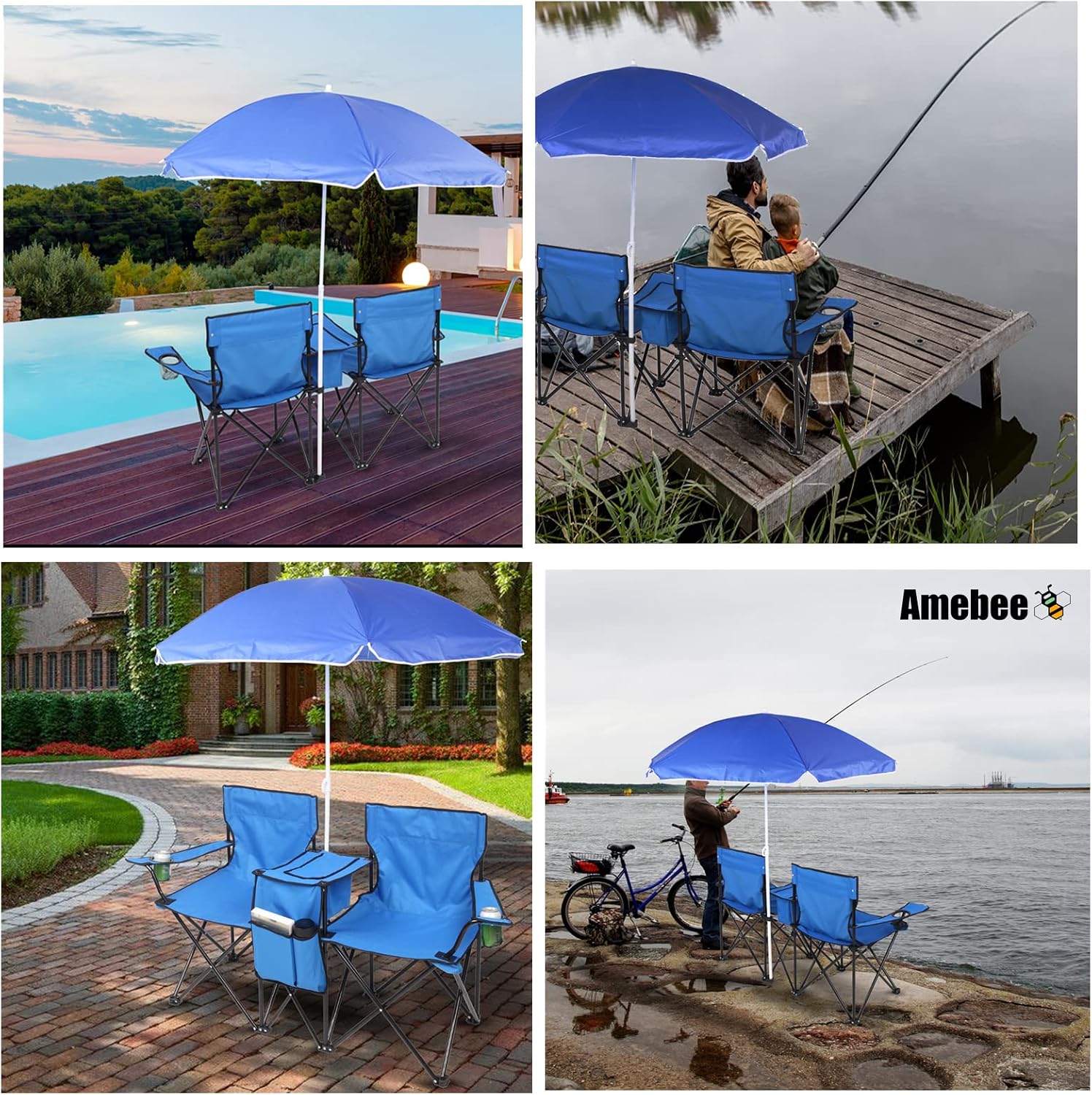 Portable Double Folding Chair Removable Umbrella Cooler Bag, Drink Holder Armrest Camp Fishing Table & Chair Set for Camping Fishing Picnic BBQ Beach Party Sprot Foldable Chair(Blue 2 Chair Umbrella)