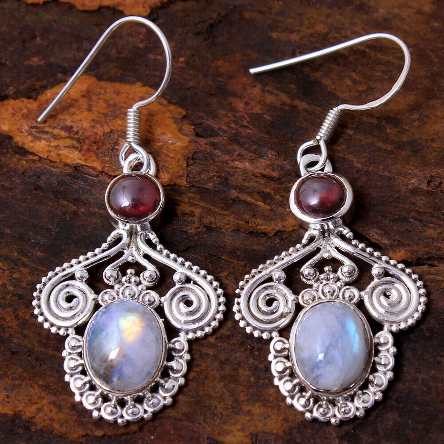 Pendientes de plata sólidos 925 para mujeres y niñas, piedra de luna de plata esterlina, aretes de granate dolte de la declaración, regalo de dama de honor, joyas hechas a mano