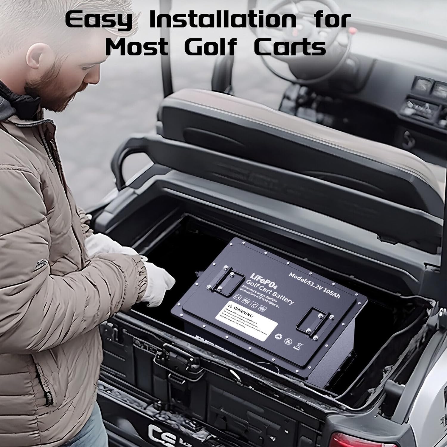48V105AH Lifepo4 Golf Cart Battery Bluetooth with 3C Rate, Touchscreen and 58.4V Charger, Peak current 400A Rechargeable Lithium Golf Cart Battery with 150 A Smart BMS for Off-grid