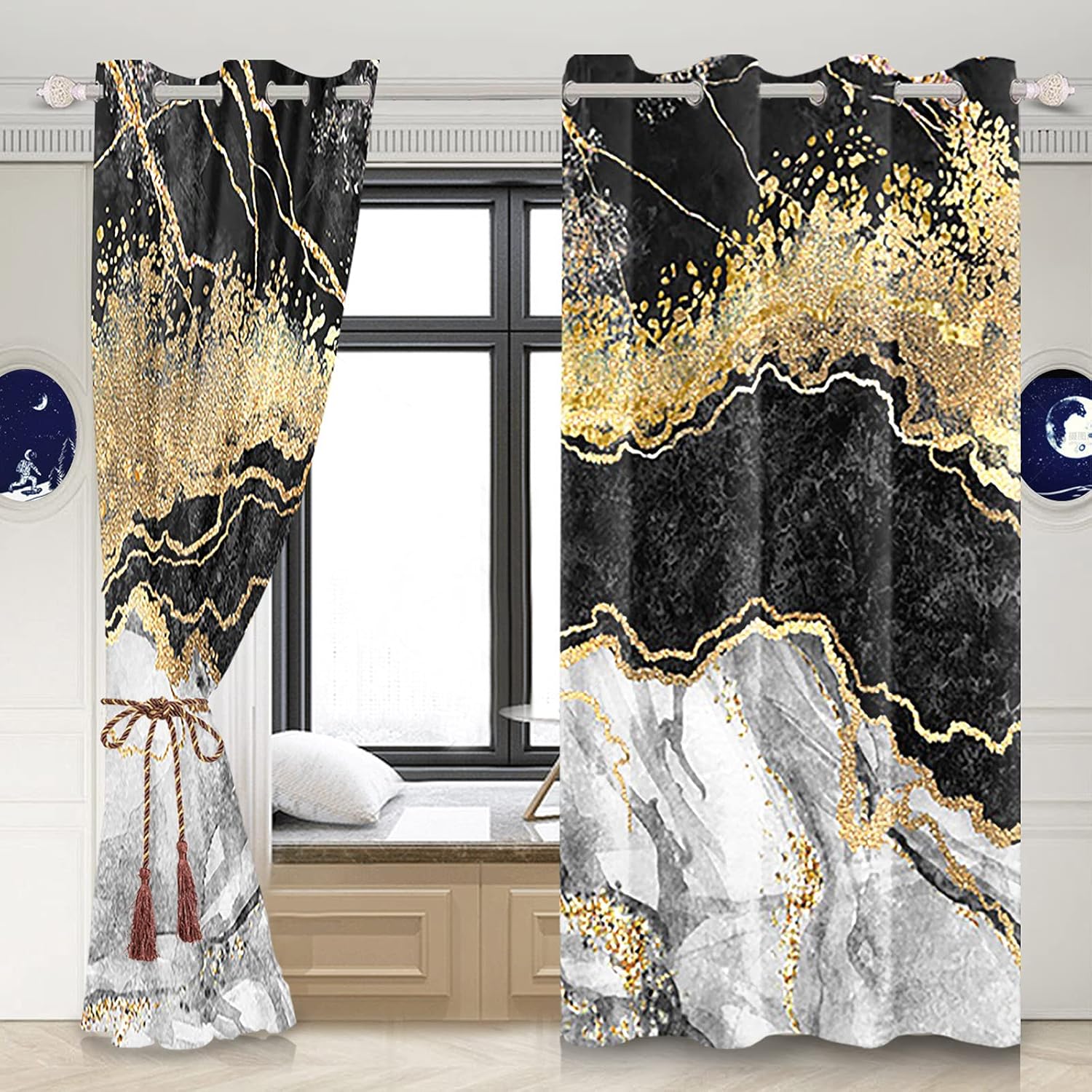 Blackout Curtains Black Grey Gold Marble Window Drapes Fluid Gold Foil Gothic Window Curtains Modern Abstract Art Window Treatments for Youth Living Room Bedroom Kitchen,21x45 inch,2 Panels