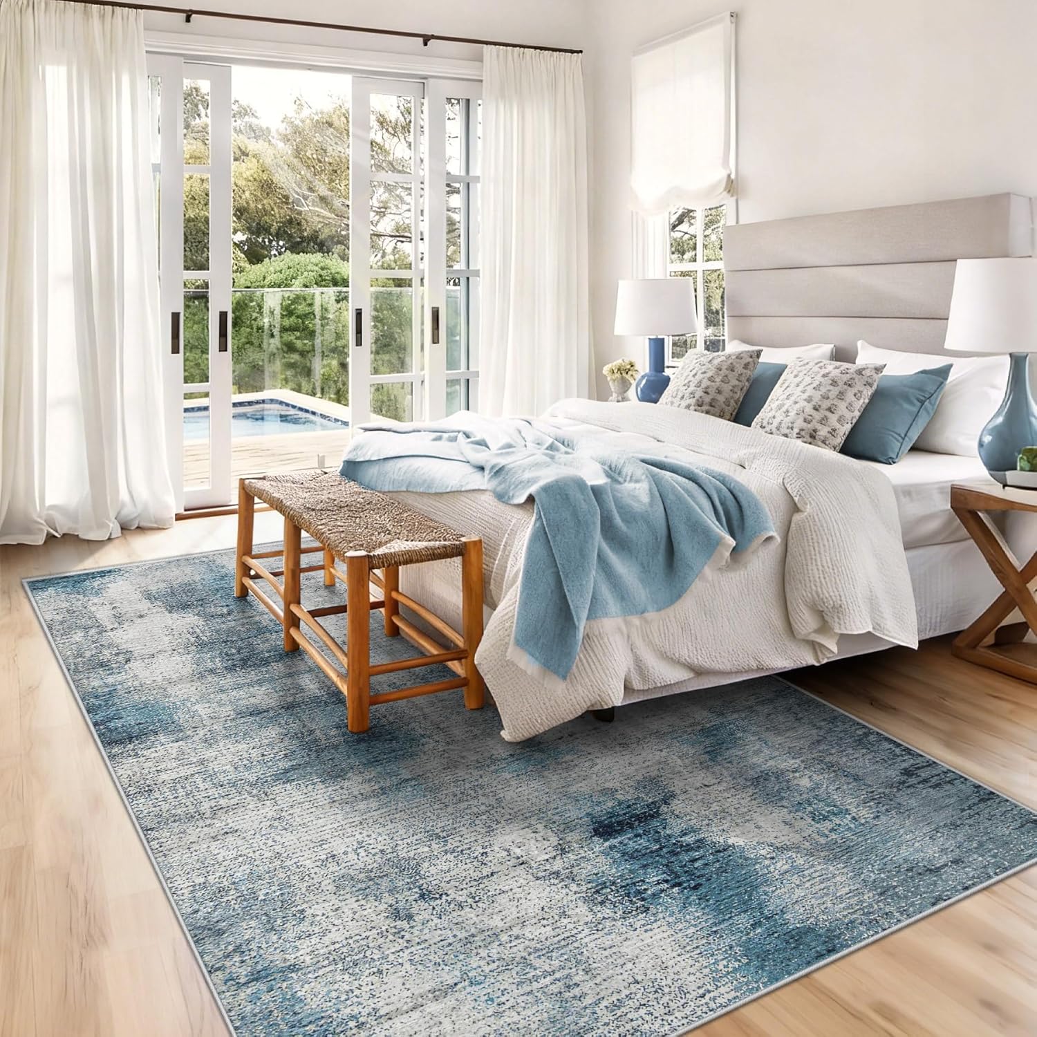 Washable Rug 6x9 Area Rug：Large Abstract Non Slip Rugs Neutral Soft Low Pile Carpet for Living Room Bedroom Nursery Dining Room Office (Blue, 6'x9')