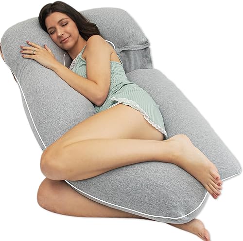 Miniatura 1 de PharMeDoc - Almohada de embarazo de cuerpo entero en forma de U, funda de jersey gris con ribetes, de embarazo, para dormir, para adultos, de