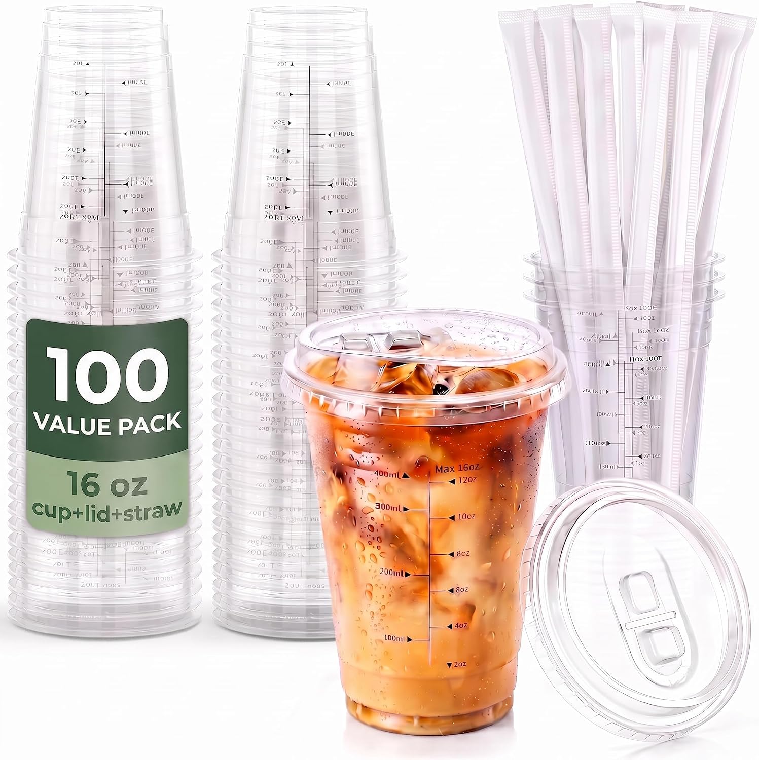 100 Sets 16oz Sturdy Plastic Coffee Cups with Lids and Straws,Measurement Markings, Secure Sip Disposable Iced Coffee Cups for Cold Drink,Coffee, Smoothies, Juice, Parties, BPA-Free.