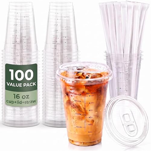 Hockley 100 Sets 16oz Sturdy Plastic Coffee Cups with Lids and Straws,Measurement Markings, Secure Sip Disposable Iced Coffee Cups for Cold Drink,Coffee, Smoothies, Juice, Parties, BPA-Free.