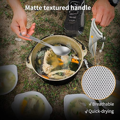 Miniatura 4 de OUTXE Juego de cubiertos de titanio, cuchillo, tenedor, cuchara, ligero, para campamento, con bolsa de transporte para viajes, picnic, senderismo