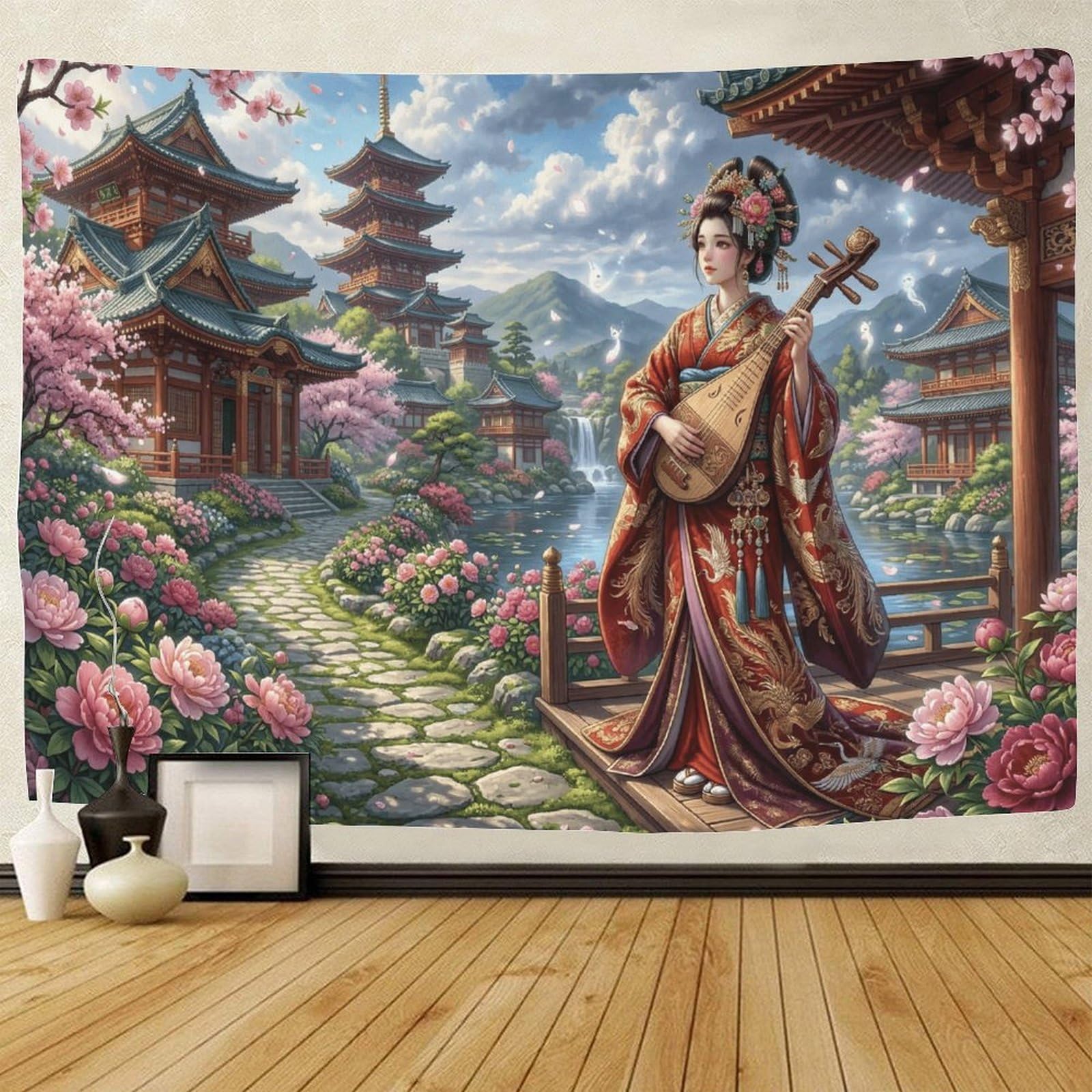 GPMNBCXZK Japanese Geisha Sakura Garden Wall Decor 3D Printed Dorm Living Room Bedroom Art 70cmx100cm