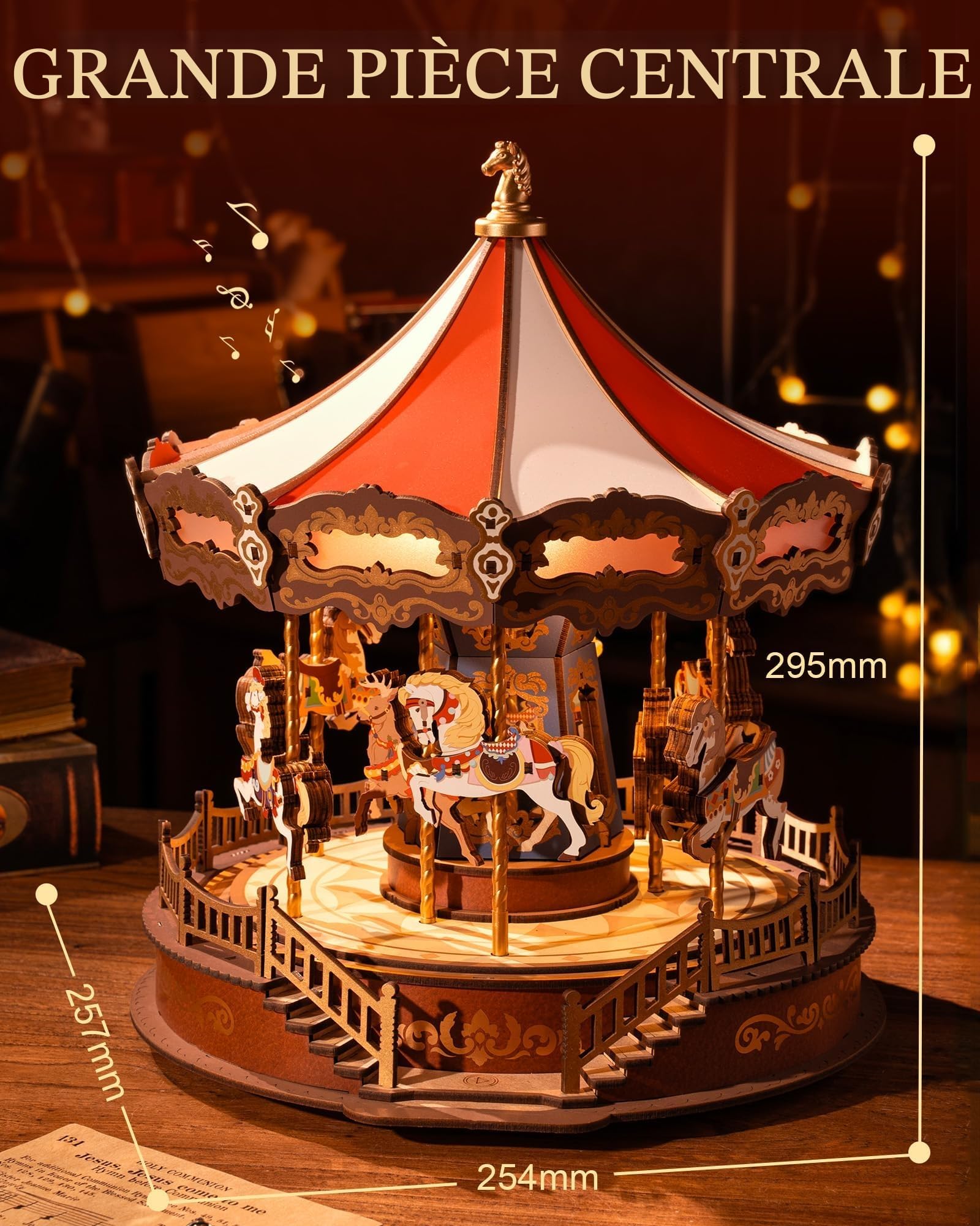 ROBOTIME Boîte à Musique carrousel Classique Puzzle en Bois 3D avec lumières LED, Maquette en Bois a Construire Kits de modélisme pour Adultes à Construire