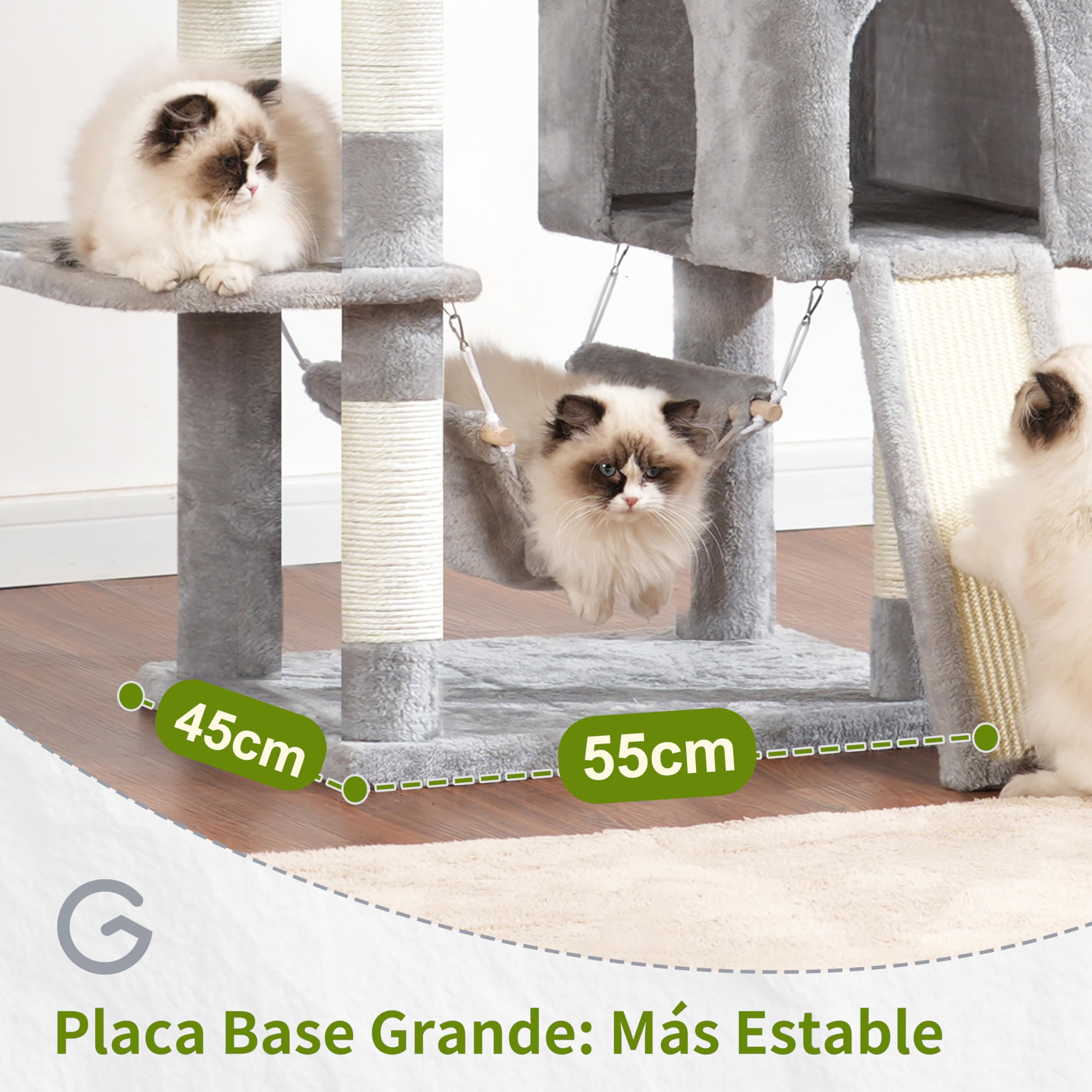 Gitelsnour rascador para Gatos de Interior, árbol para Gatos de 180 cm, con 2 rascadores, 7 Postes, Pompones, Hamaca, Gris Claro GCT032W