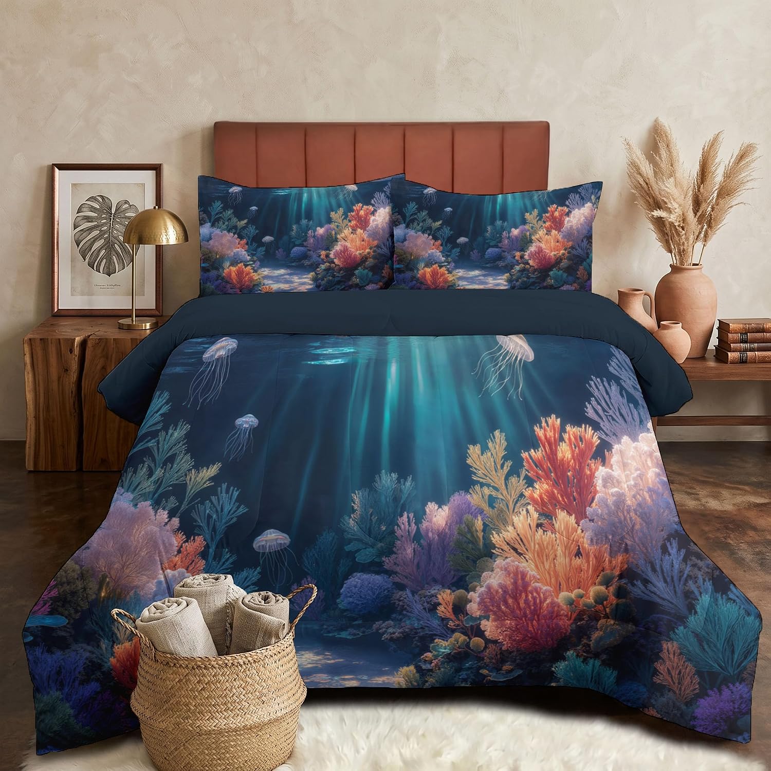 Coral Ocean Comforter Set Full Size, School of Fish and Jellyfish Print Breathable Bedding Set for Girls Boys Teens, Orange Color Quilt Duvet with 2 Pillow Cases