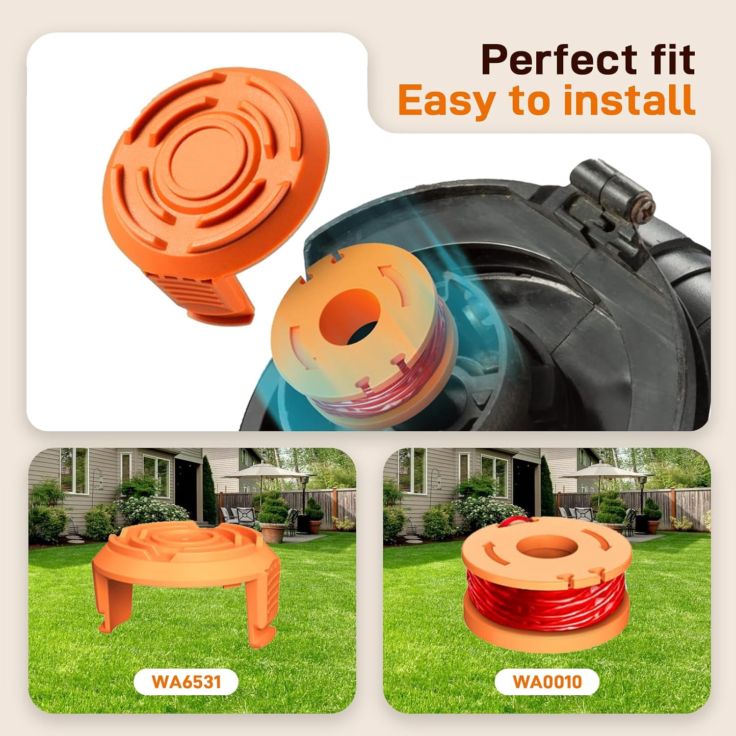 14Pack WA0010 WA0004 Replacement String Trimmer Spool Compatible with Worx WG154 WG162 WG163 WG170 WG151 WG180 Autofeed Weed Eater,Spool Line 10ft 0.065'' and WA6531 Cover Cap (12Spool + 2Cap)