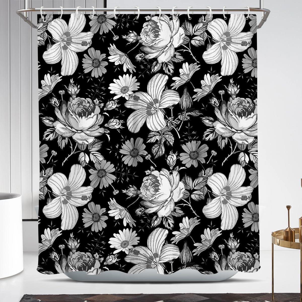 Coxila Black Floral Shower Curtain White Vintage Plant Abstract Watercolor Boho Dark Flower Flowers Fabric Printed 60 x 72 Inch Polyester Fabric 12