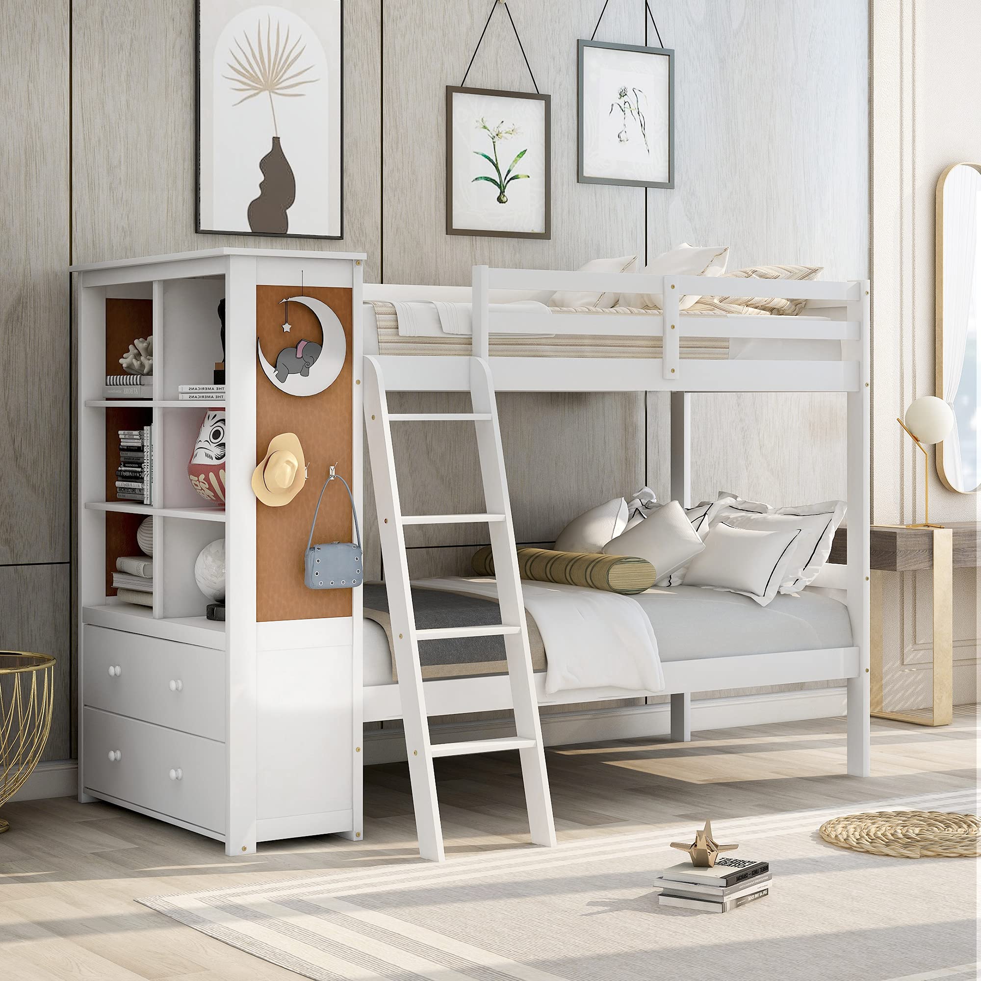 Buy Merax Twin Over Twin Wood Bunk Bed with Bookcase, Storage Drawers
