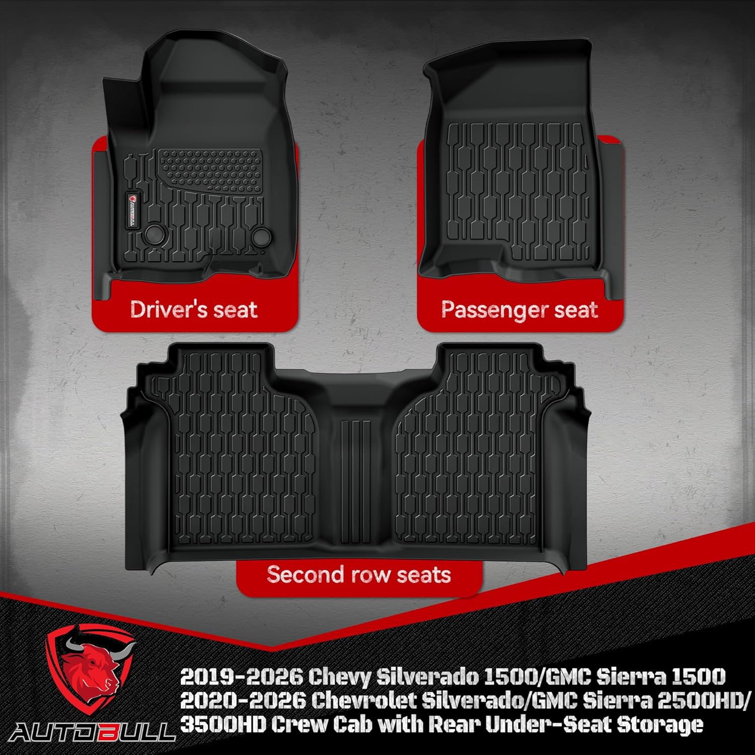 Floor Mats Fit for 2019-2026 Chevy Silverado 1500/GMC Sierra 1500, 2020-2026 Chevrolet Silverado/GMC Sierra 2500HD/3500HD Crew Cab with Rear Under-Seat Storage, TPE All Weather Floor Liner Car Mats - Image 2