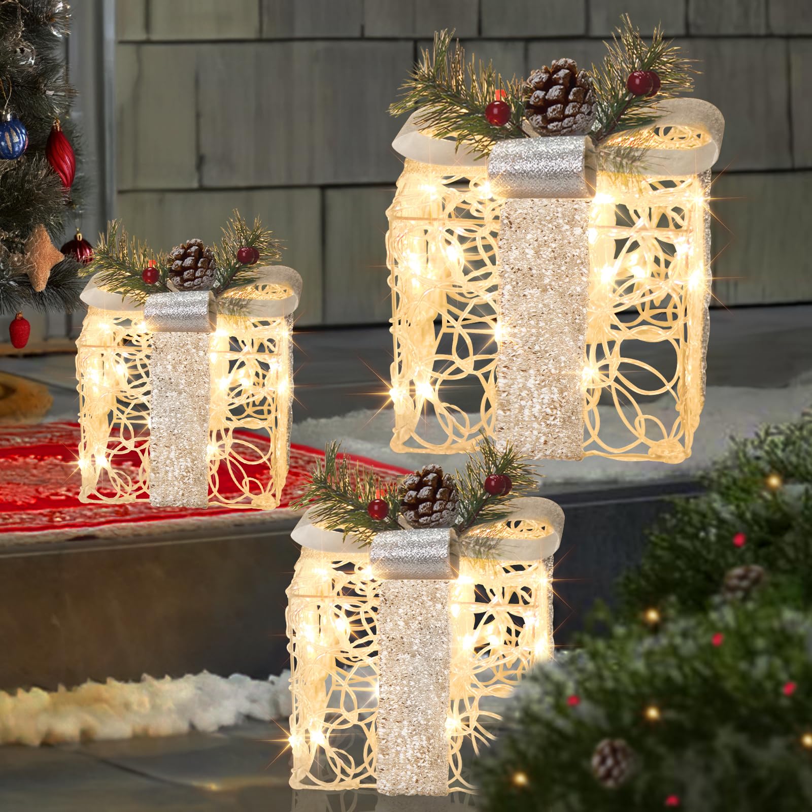 Lot de 3 boîtes de décoration de Noël LED blanches en acrylique pour l'intérieur et l'extérieur au sapin de Noël