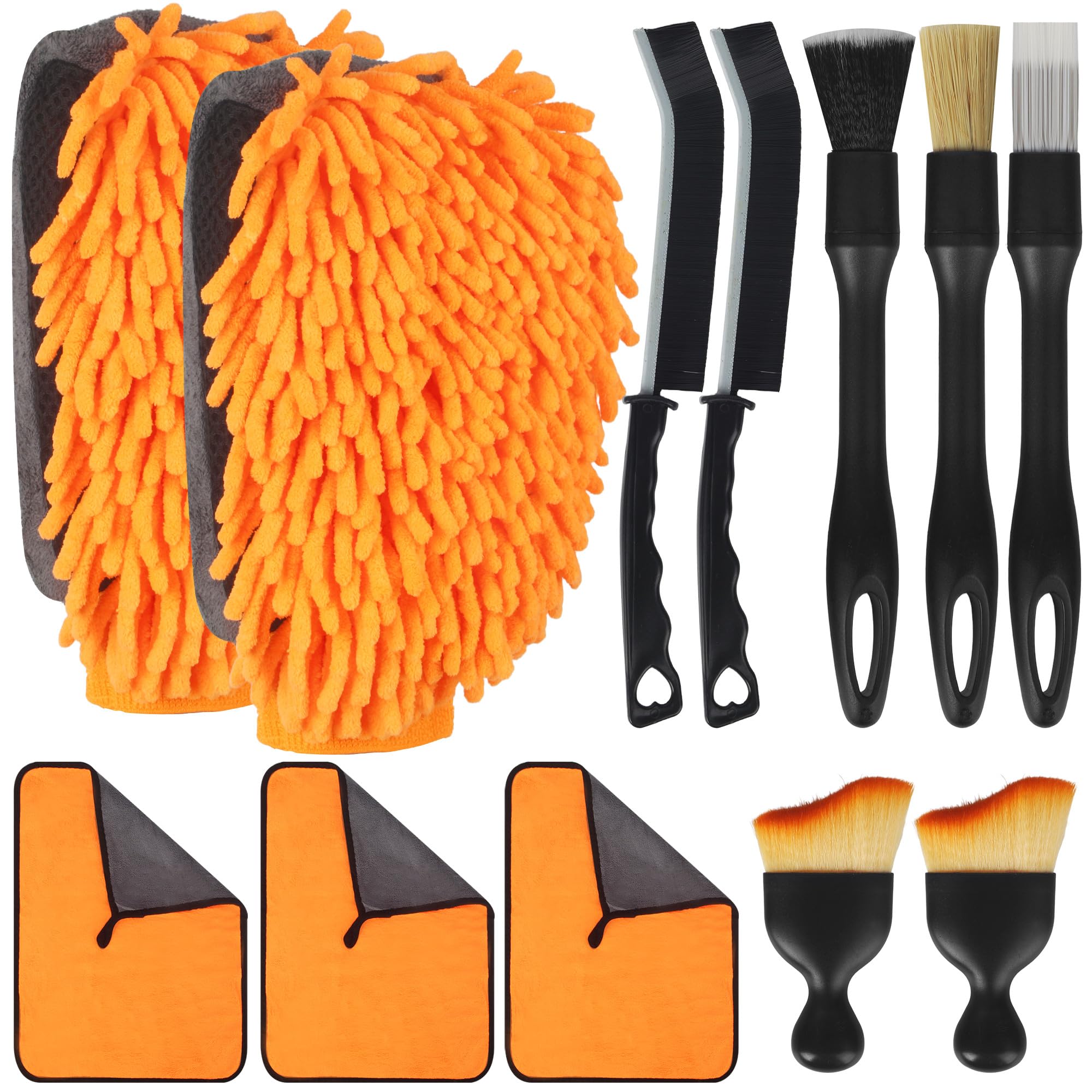 12 Teiliges Autopflege-Set,Waschhandschuh Auto – 3 Mikrofasertücher, 2 Mikrofaser-Waschhandschuhe, 2 Weiche Innenraum-Bürsten, 3 Detailbürsten, 2 Spaltbürsten,Premium-Reinigungsset für Auto & Haushalt