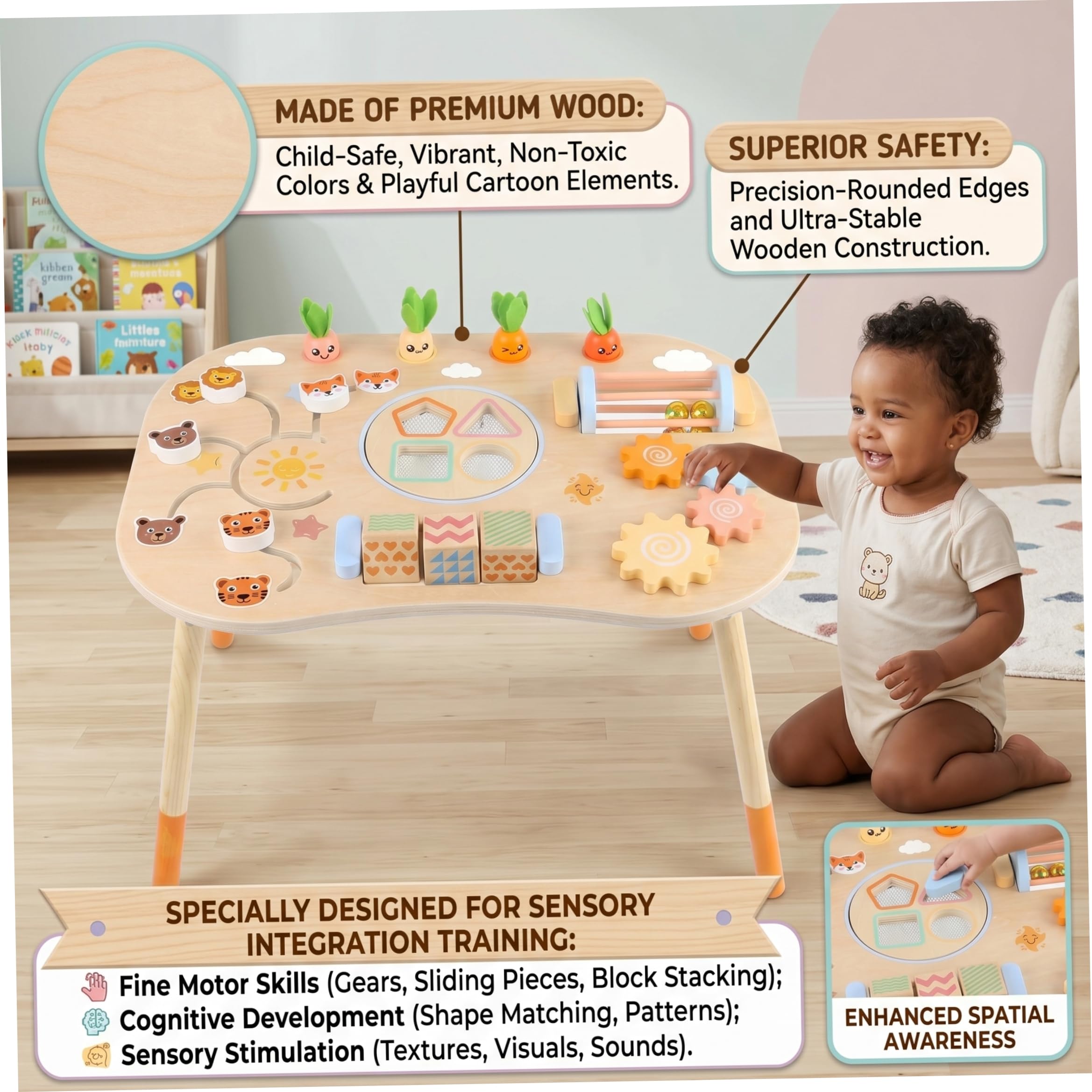 Mesa de Actividades para niños pequeños, Mesa de Actividades para niños pequeños, sensorial Montessori 6 en 1 para de 1 a 3 años, Juguete de Madera para bebés, Amarillo, sensorial, par