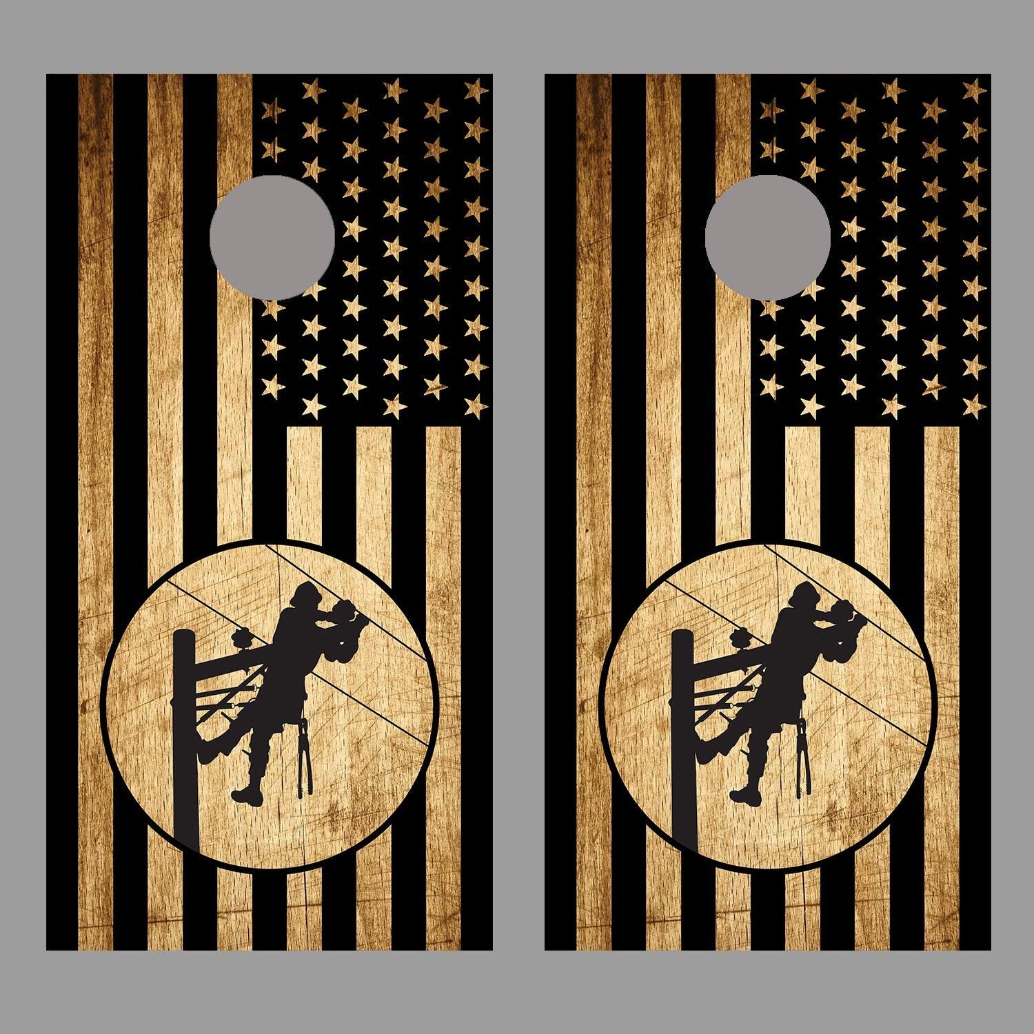 Lineman American Black Flag Wood Corn Hole Board Decal Wrap