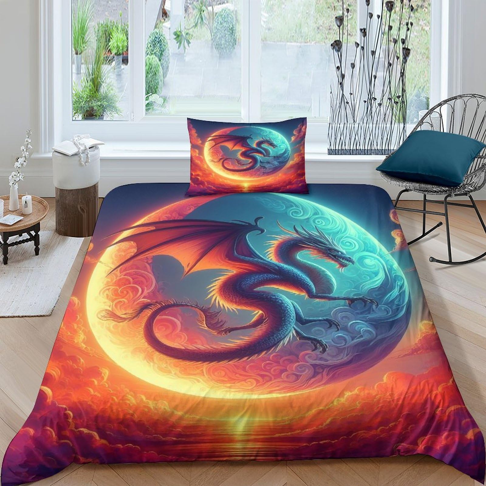TNFHSOFT Flying Dragon 3D Printed Duvet Set Pinch Pleat Soft Microfibre Cool Animals Bed Quilt Cover with 2 Pillowcases, Easy Care Wrinkle Free Bedding Set of 3 Pcs Single（135x200cm）
