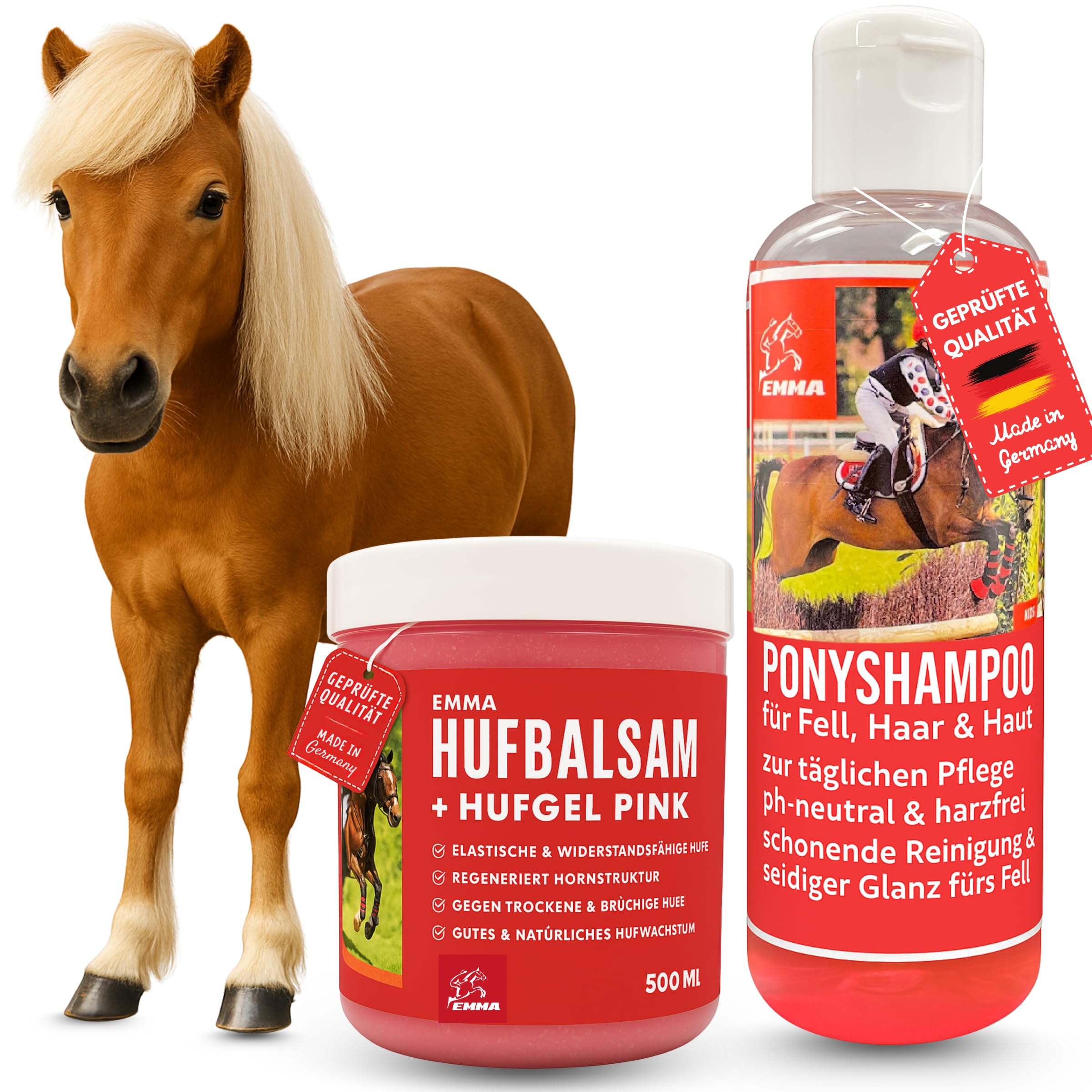 EMMA Shampoing pour chevaux I Kit d'entretien poney I Shampoing chevaux Fourrure Crinière Queue Rose & Parfum I Graisse de sabot pour chevaux rose I Baume pour sabots pour chevaux I Cadeau pour