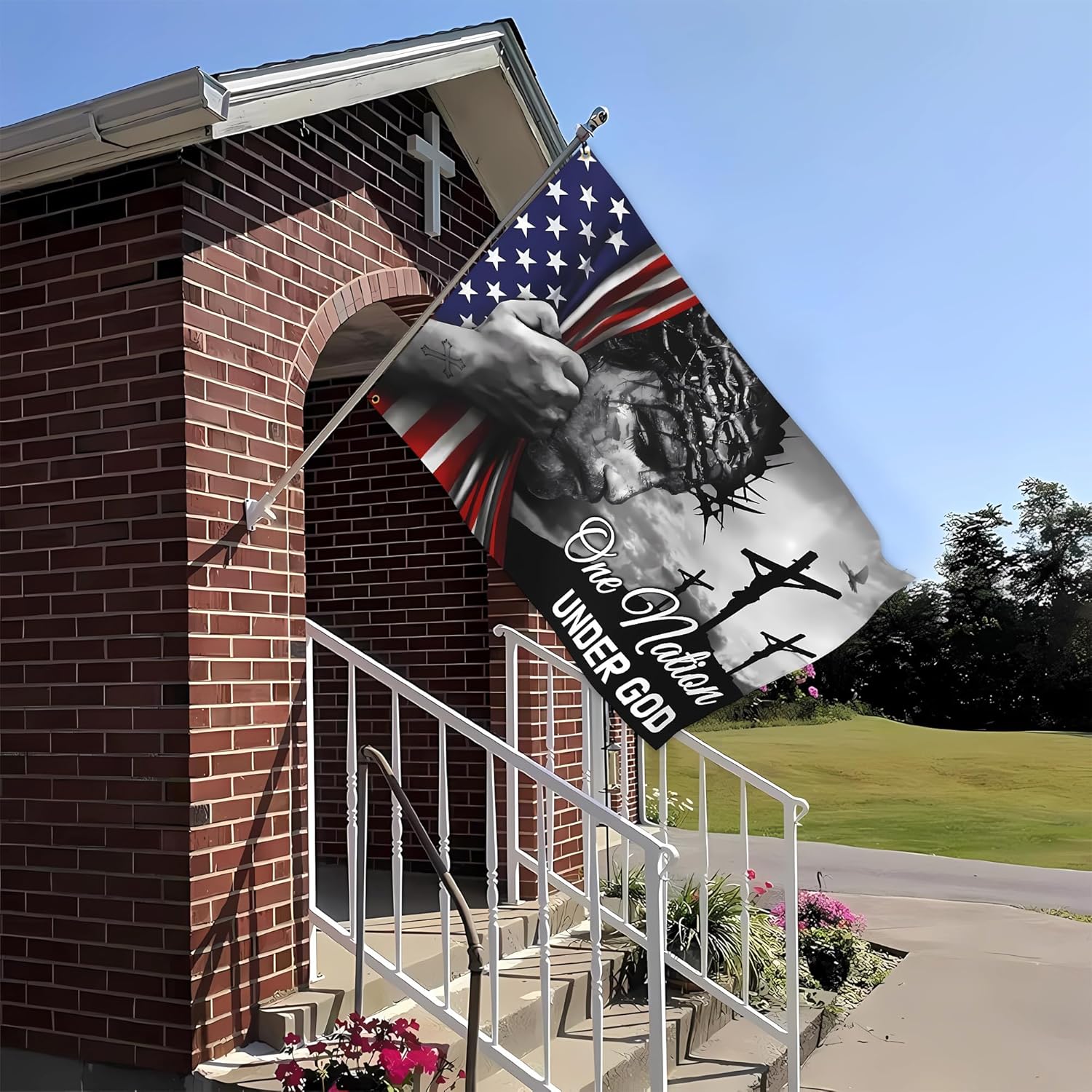 One Nation Under God Flag 3x5 Ft Double Sided American Flag With Jesus Christ On It Heavy Duty 3 Ply Polyester with 2 Brass Grommets for Outside House Yard Outdoor Faith Patriotic Flags Banner Decor