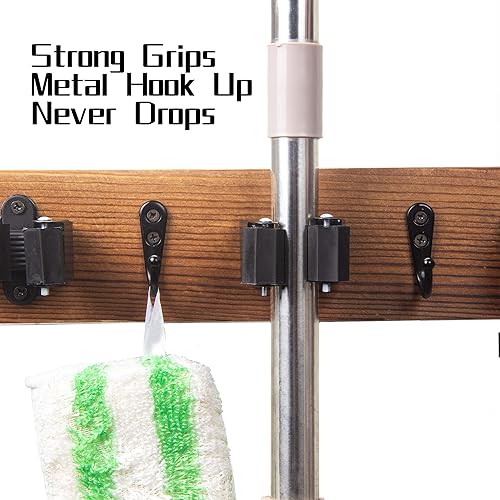 Miniatura 4 de Paquete de 2 soportes para fregona y escoba de madera maciza, soporte de pared, 4 posiciones, 3 ganchos para el hogar, cocina, jardín, herramientas,