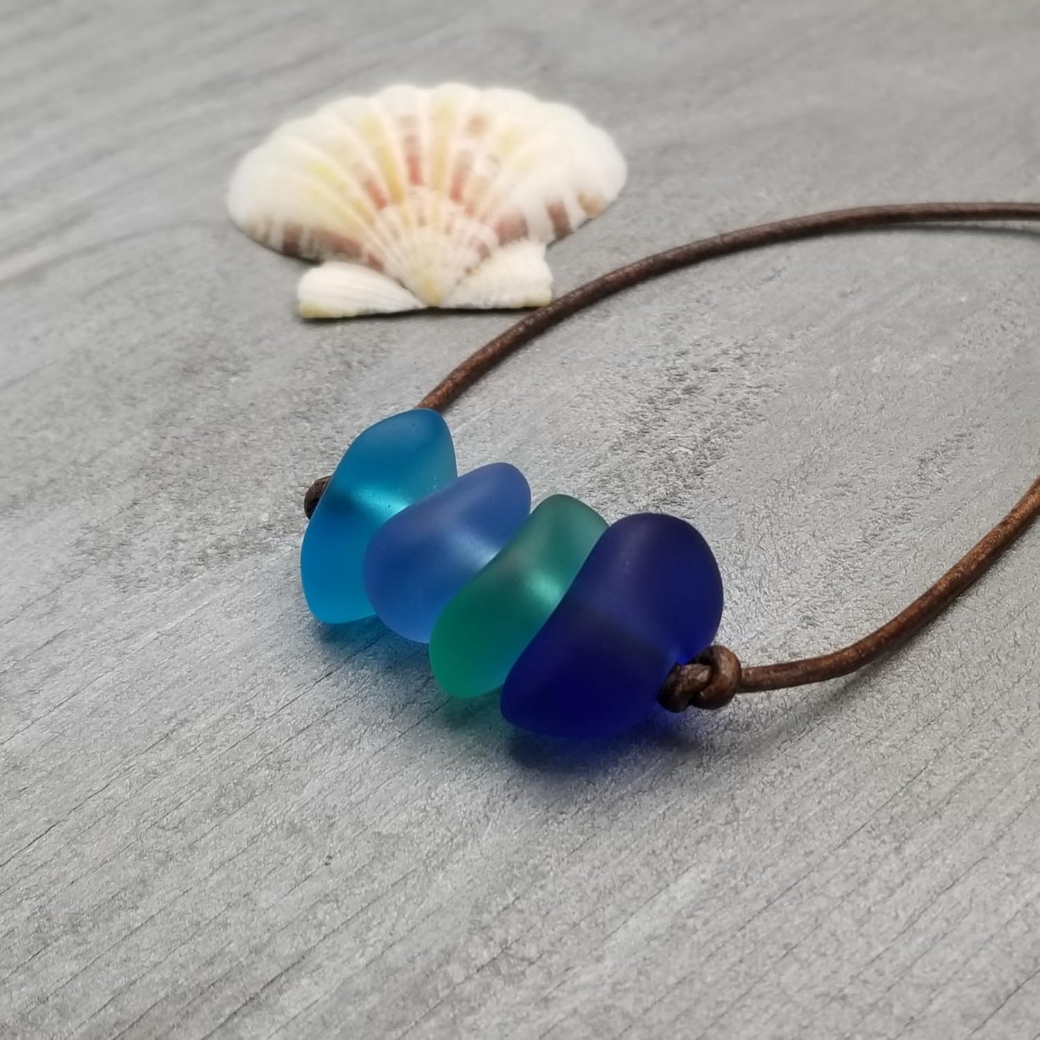 yinahawaii Updated Handmade Quad Blue Hawaii leather cord unisex sea glass necklace, (Hawaii Gift Wrapped, Customizable Gift Message)
